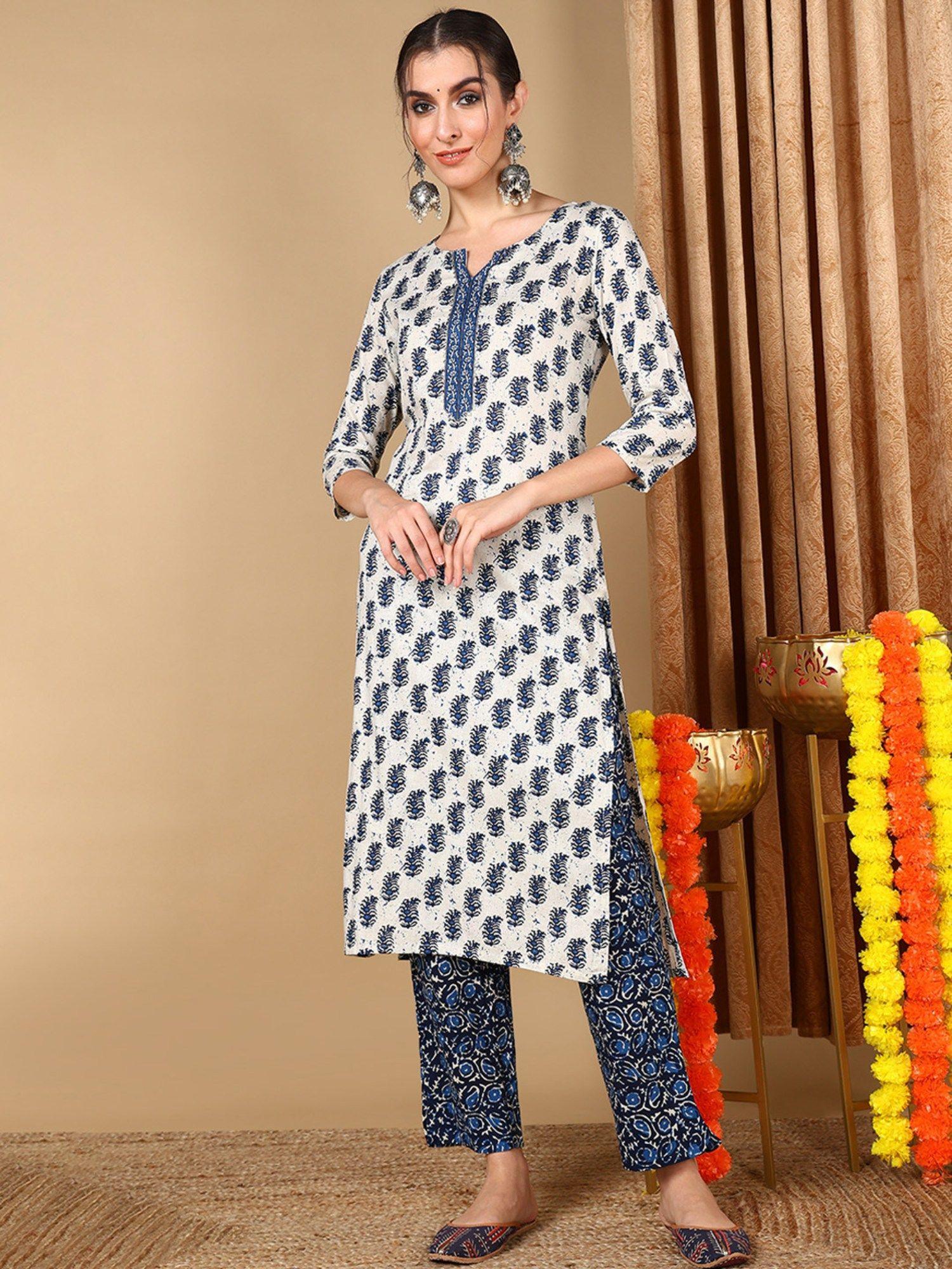 women white cotton blend ethnic motifs printed straight kurta with pant (set of 2)