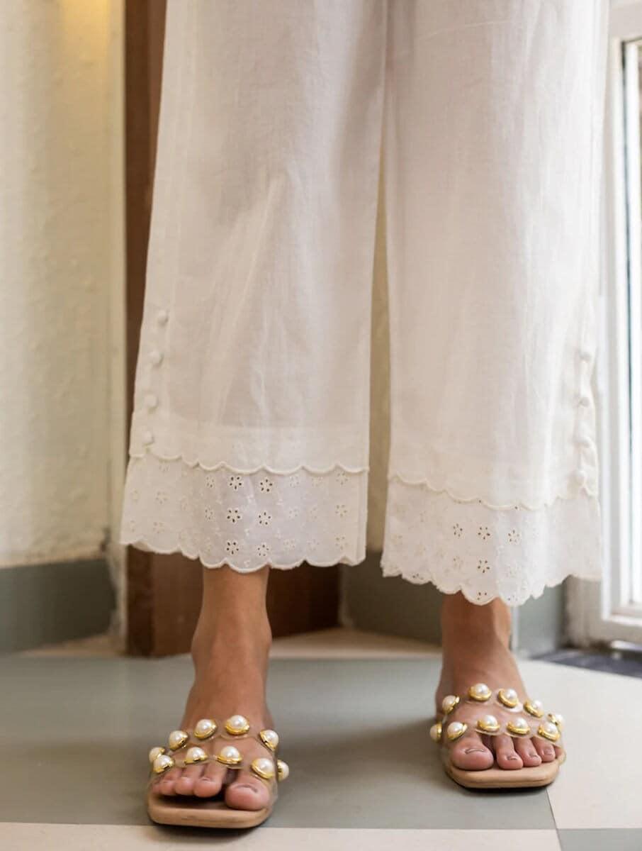 women white cotton embroidered ankle length regular fit pants