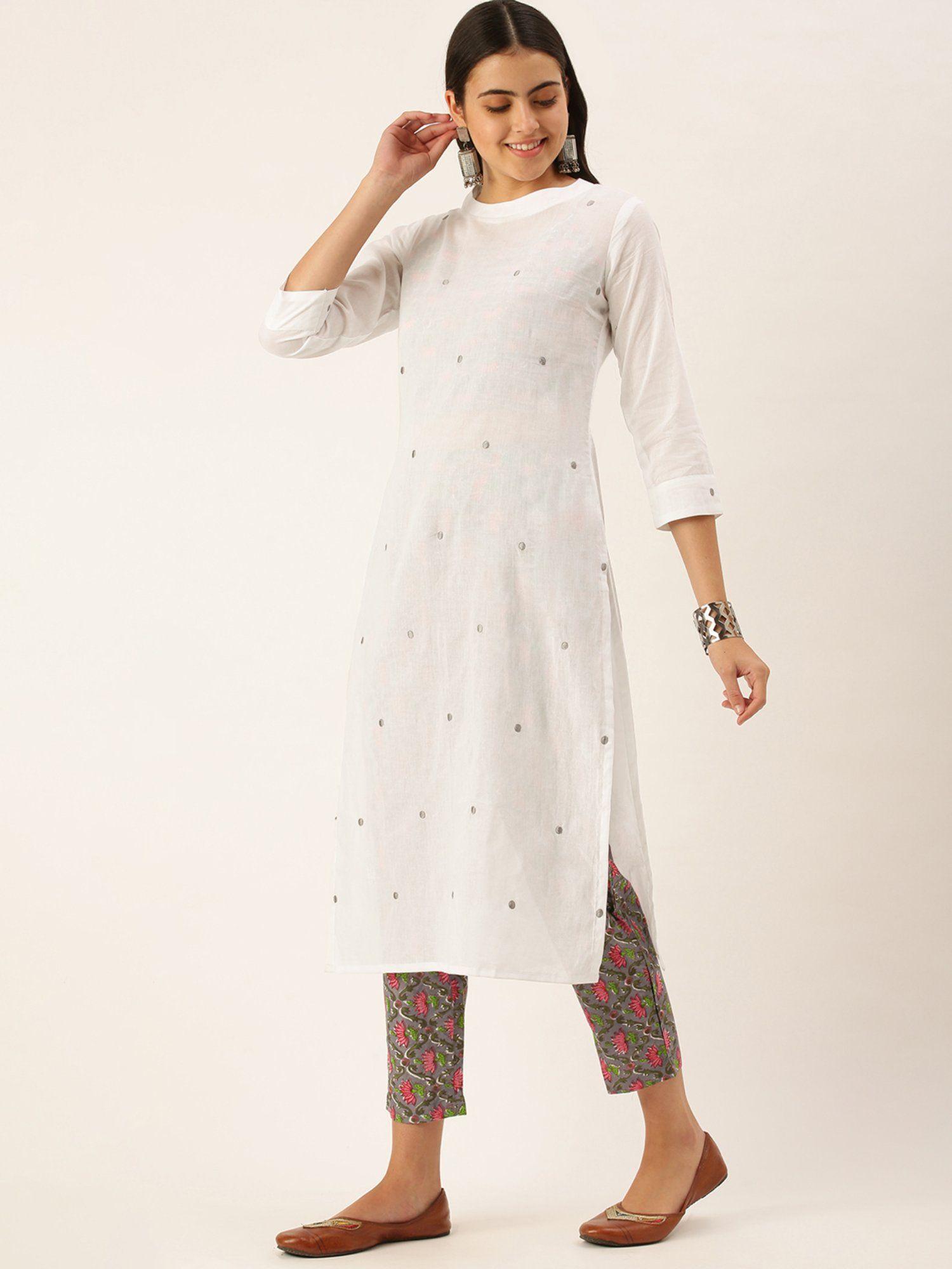 women white cotton embroidered kurta with inner and pant (set of 3)