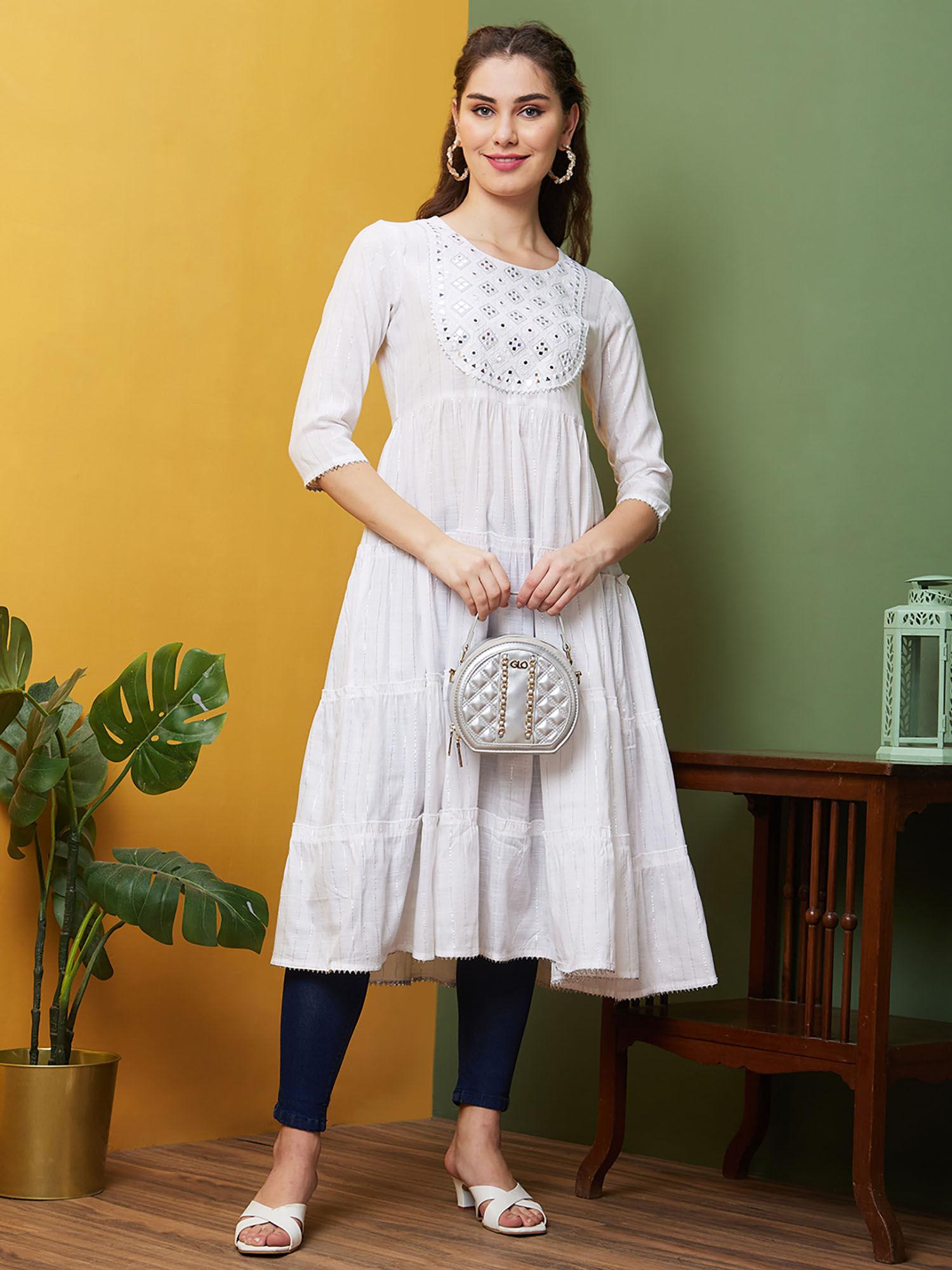 women white cotton embroidered thread work round neck a-line kurta