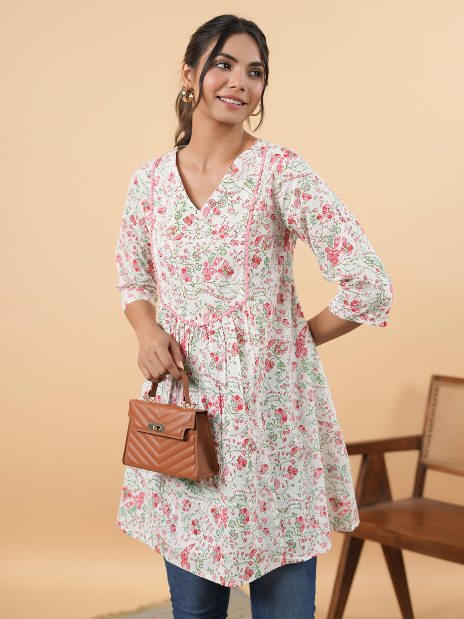 women white cotton floral a-line tunic