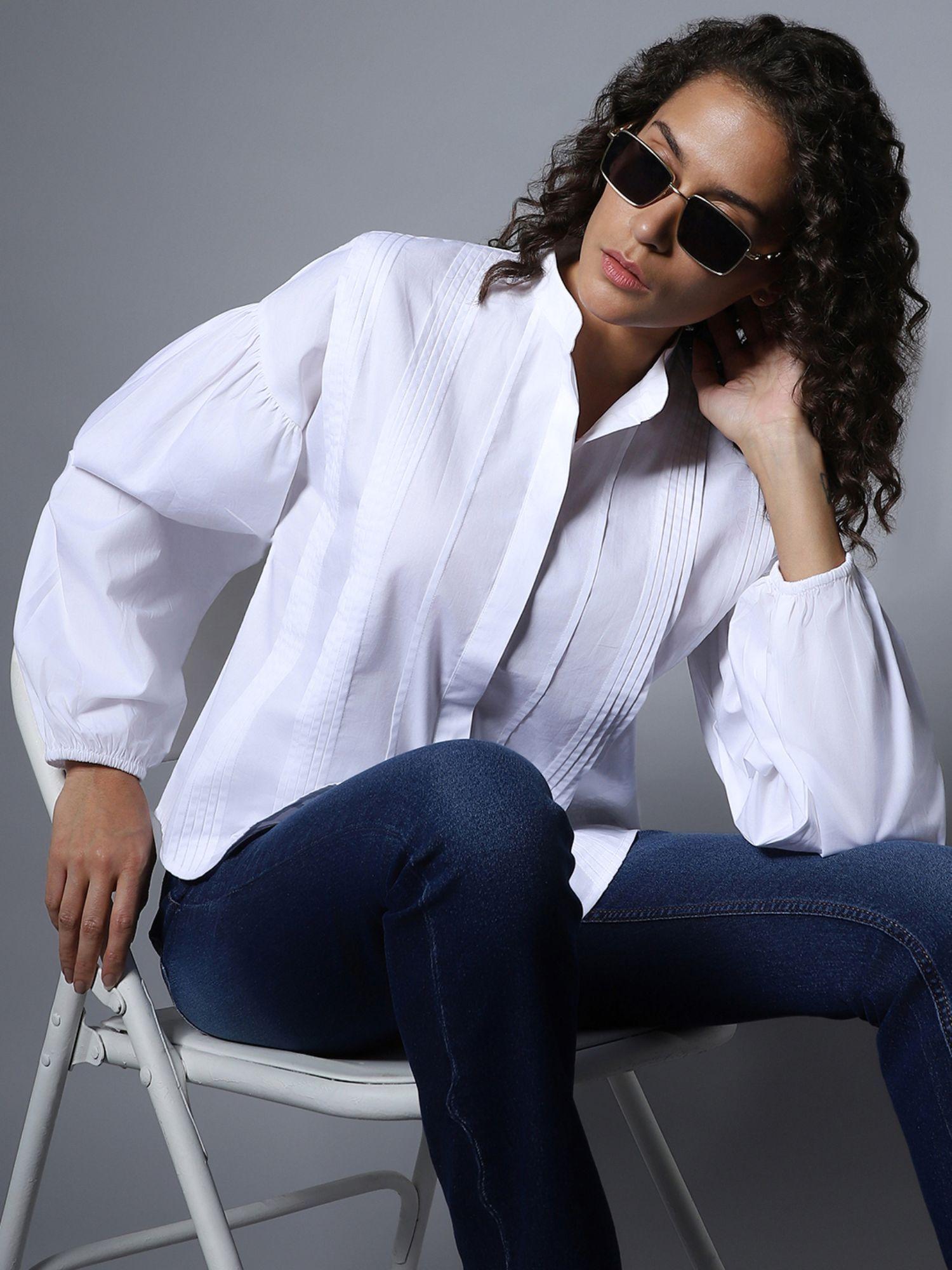 women white cotton long sleeves solid boxy regular shirt