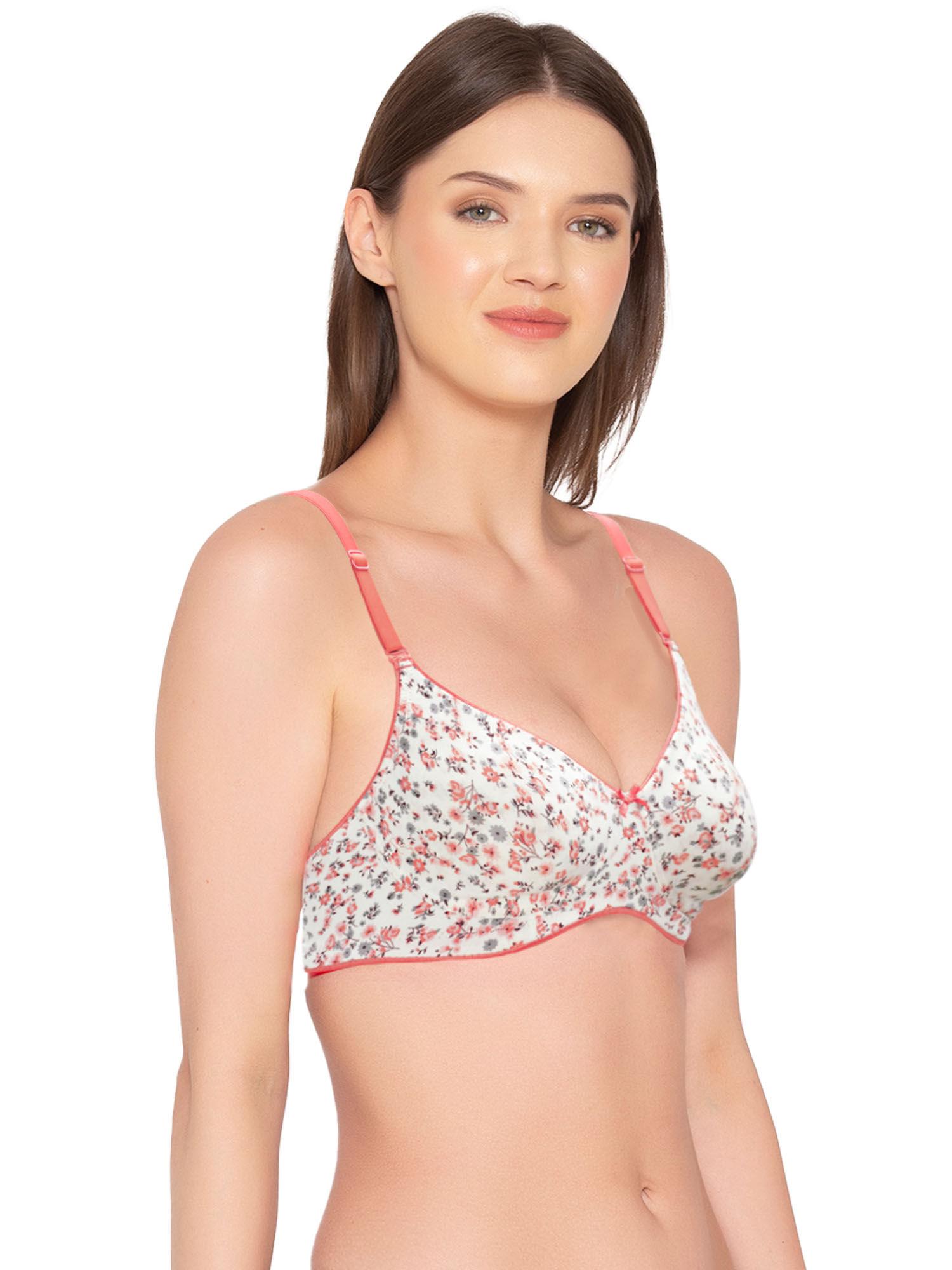 women white cotton lycra non-padded non-wired floral printed bra