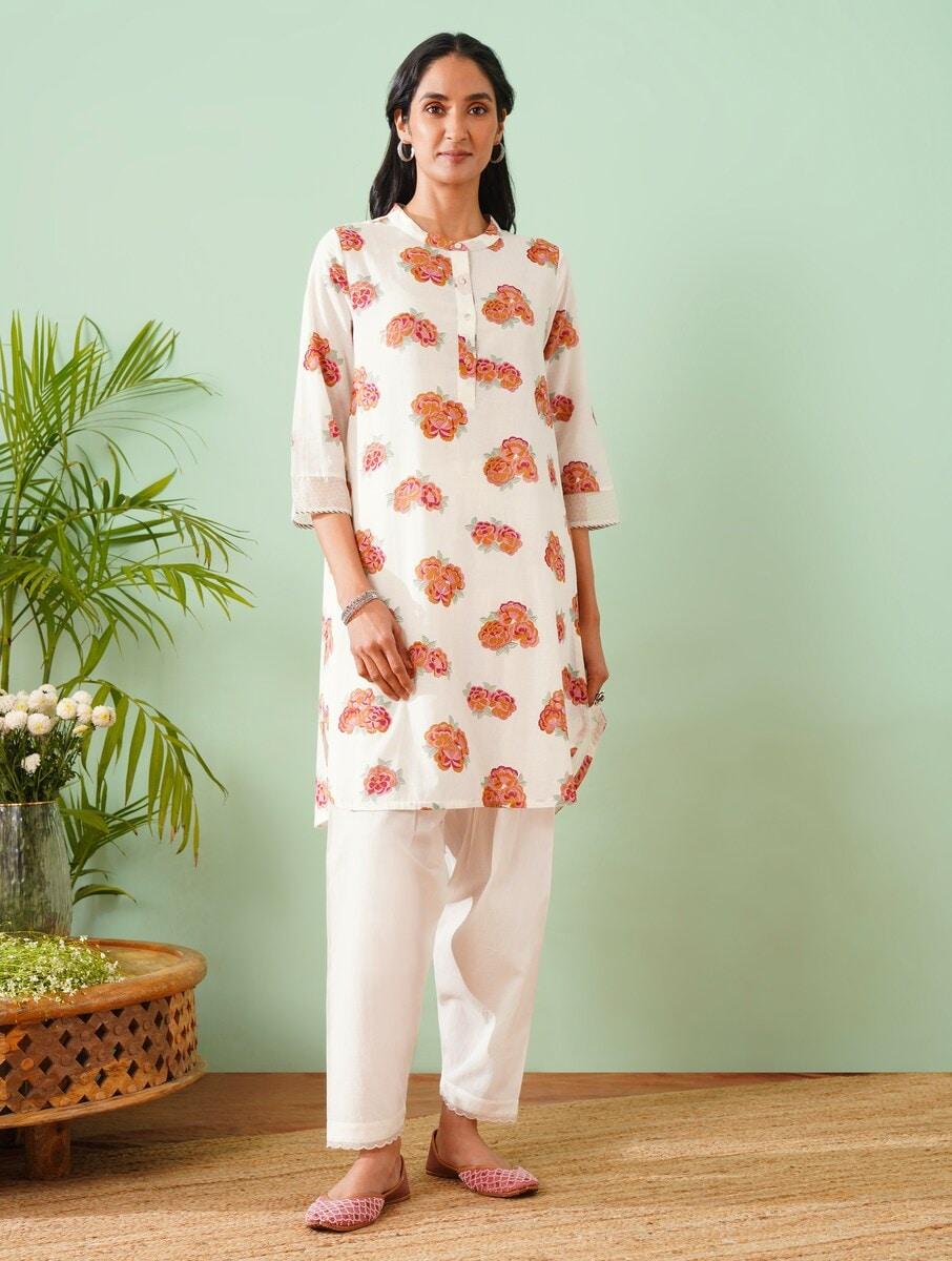 women white cotton printed mandarin collar straight fit tunics