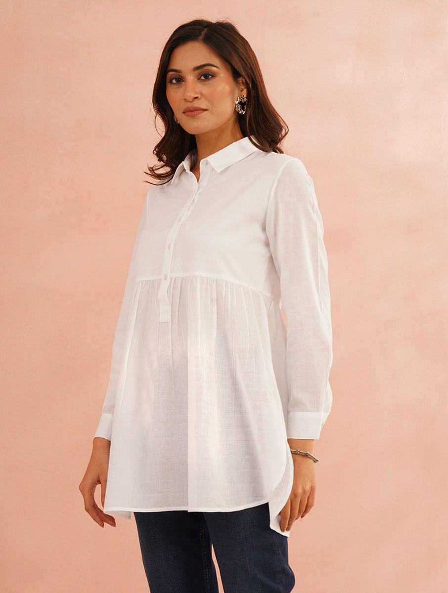 women white cotton self design shirt collar regular fit tunics