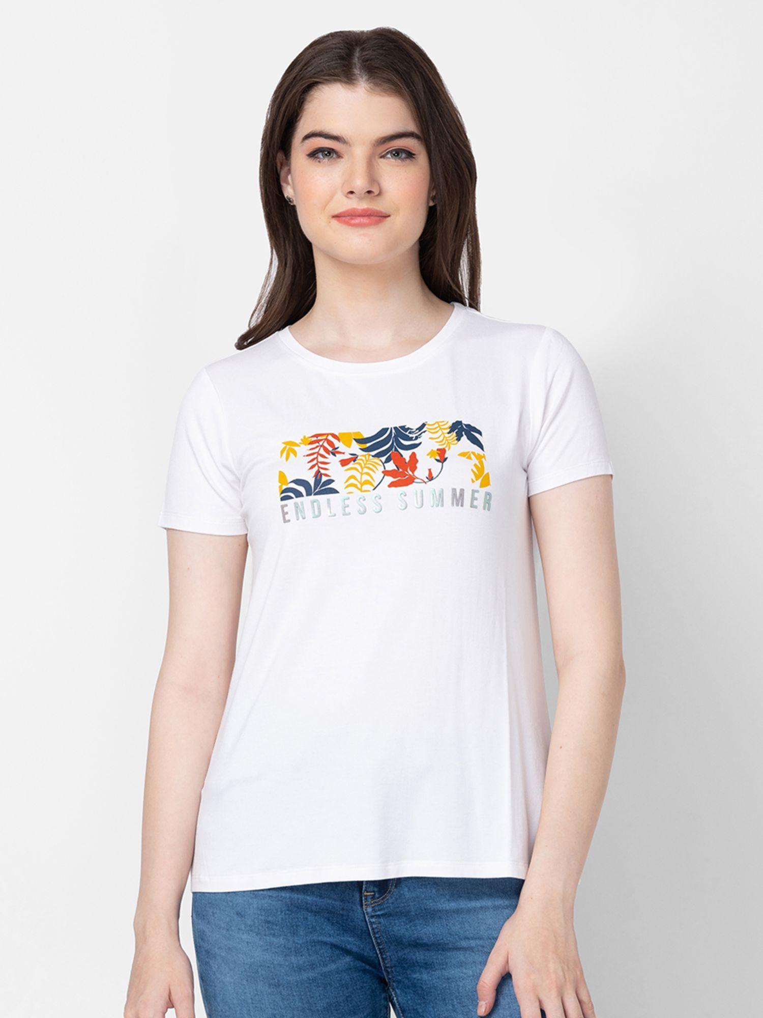 women white cotton slim fit printed t-shirt