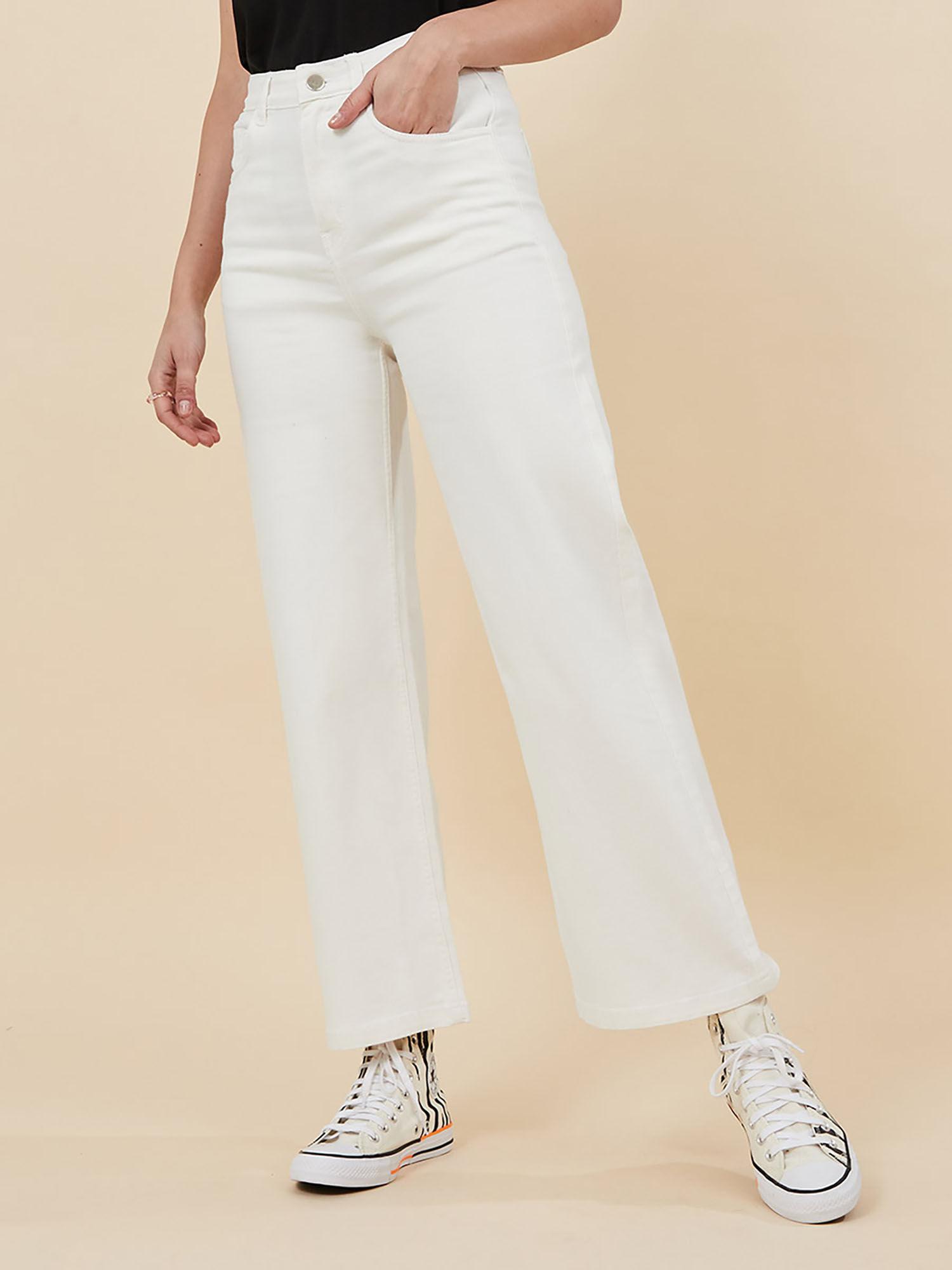 women white cotton solid high rise wide leg jeans