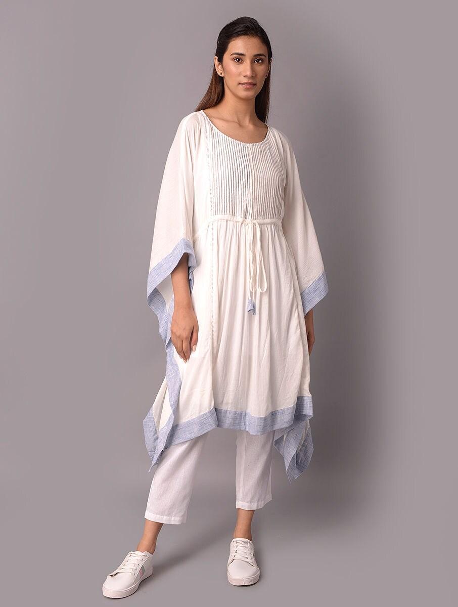 women white cotton solid round neck kaftan