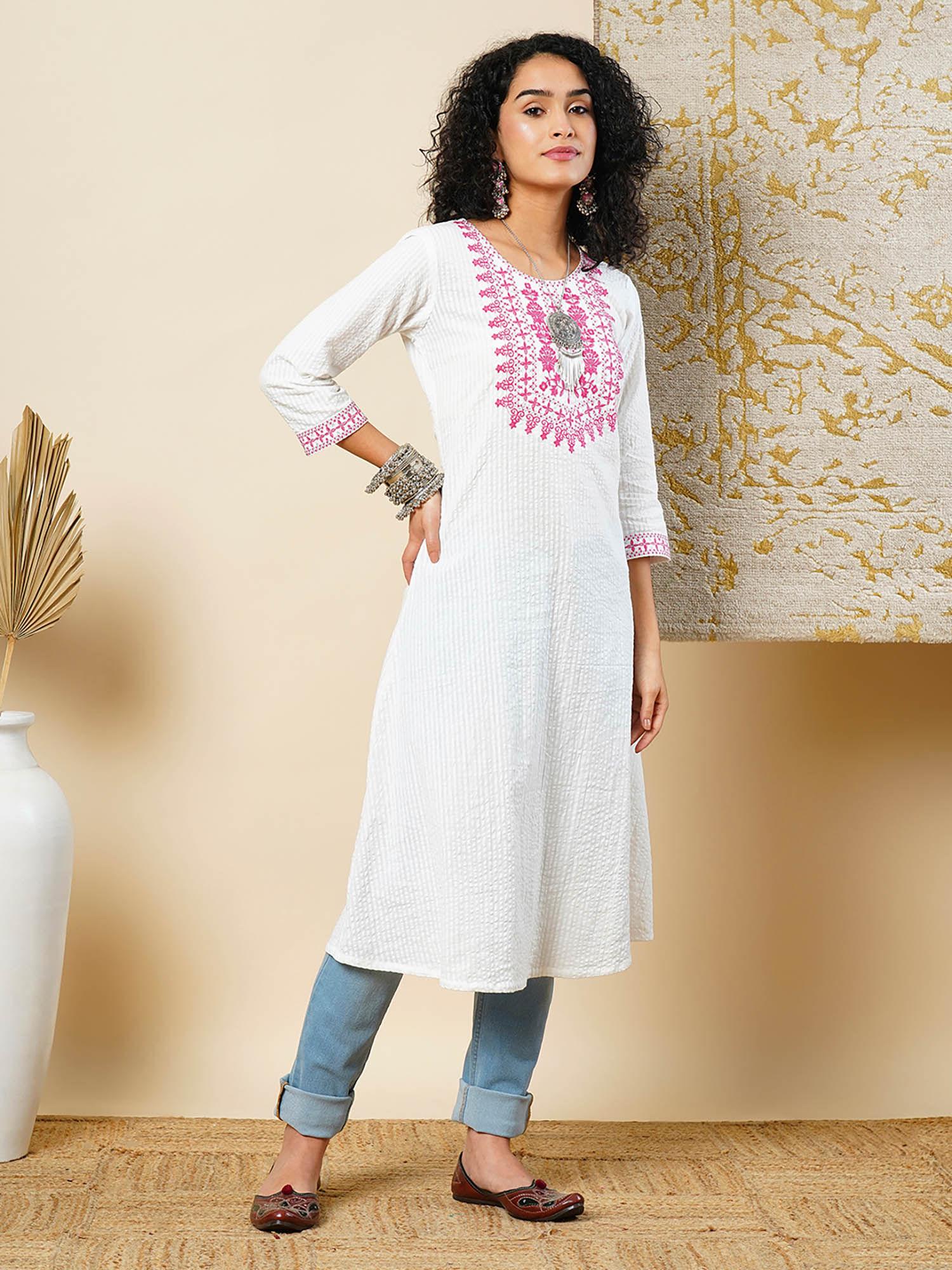 women white cotton thread work embroidered yoke flared hem a-line workwear kurta