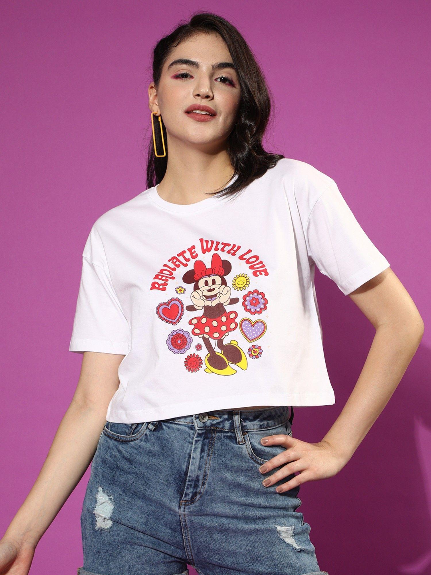 women white disney minie mouse graphics print round neck crop t-shirt