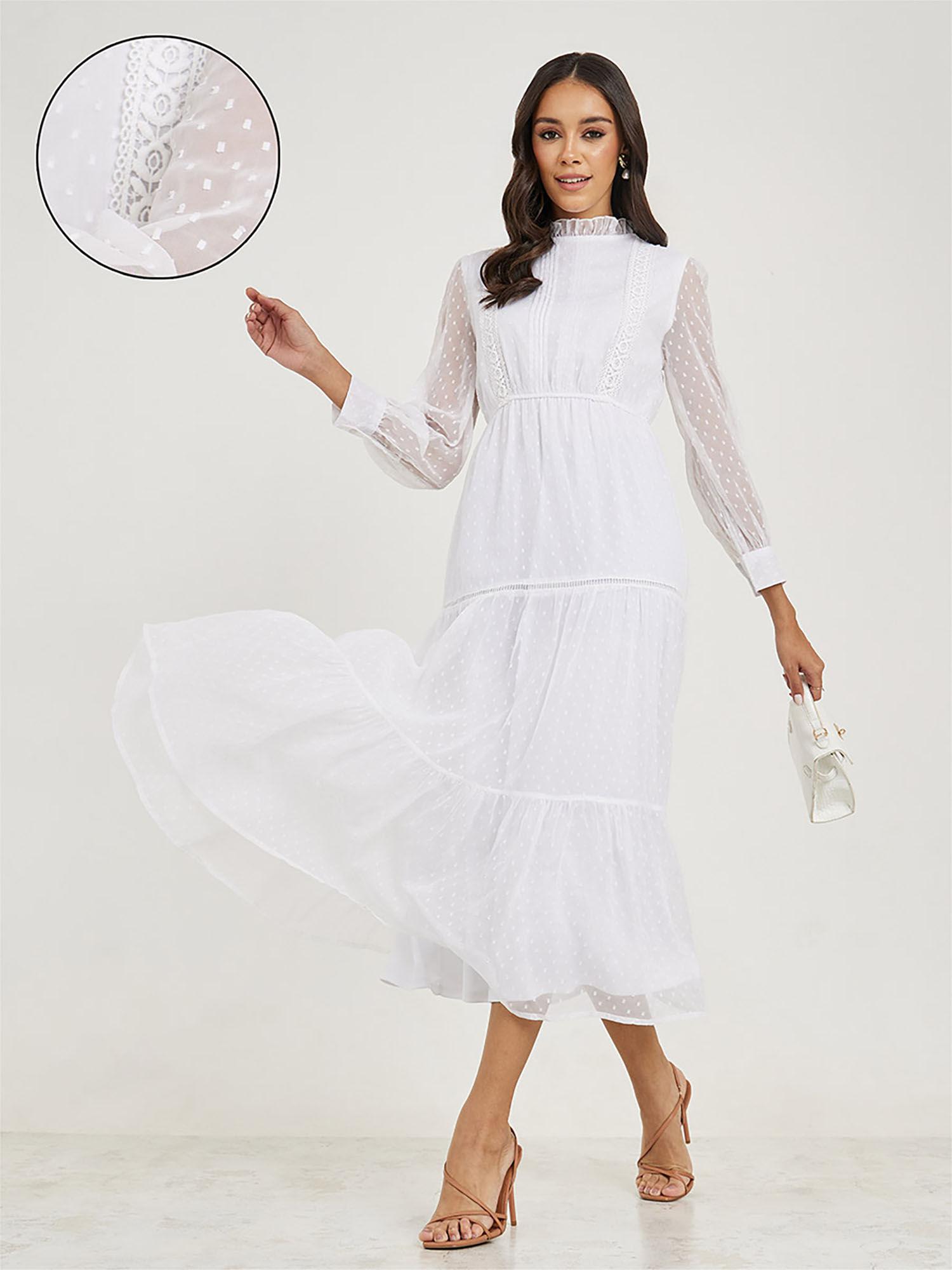 women white dobby high neck tiered maxi dress