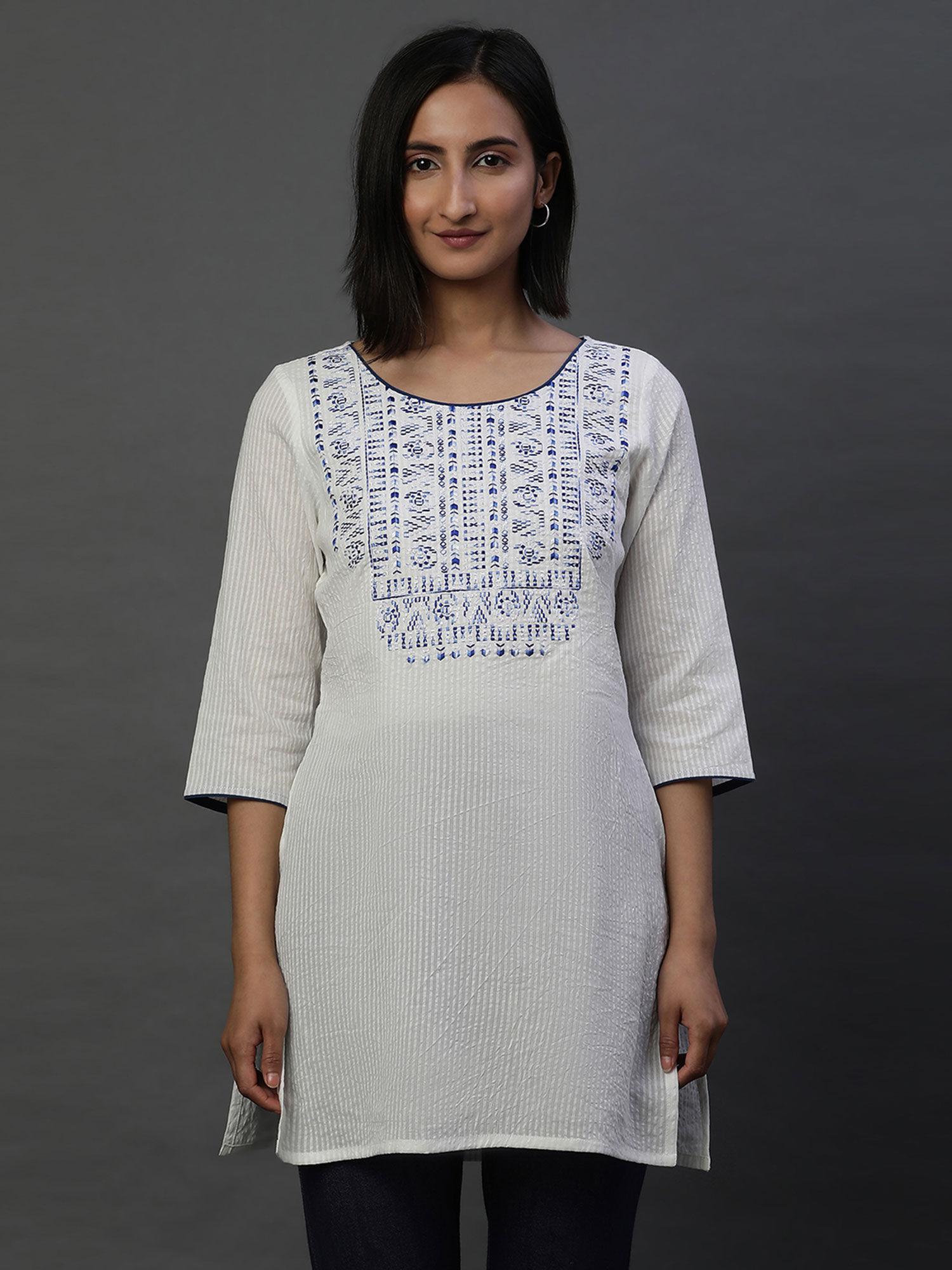 women white embroidered blended fabric kurti