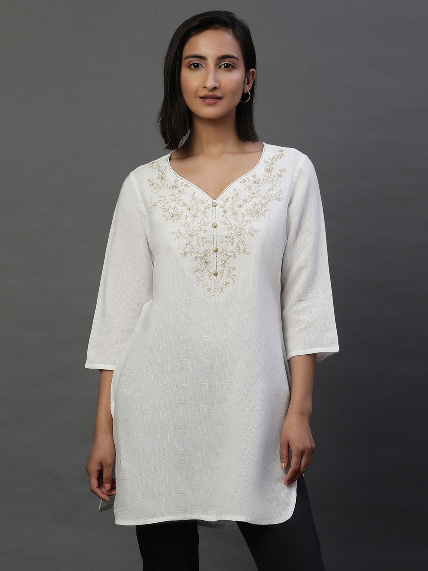 women white embroidered rayon kurti