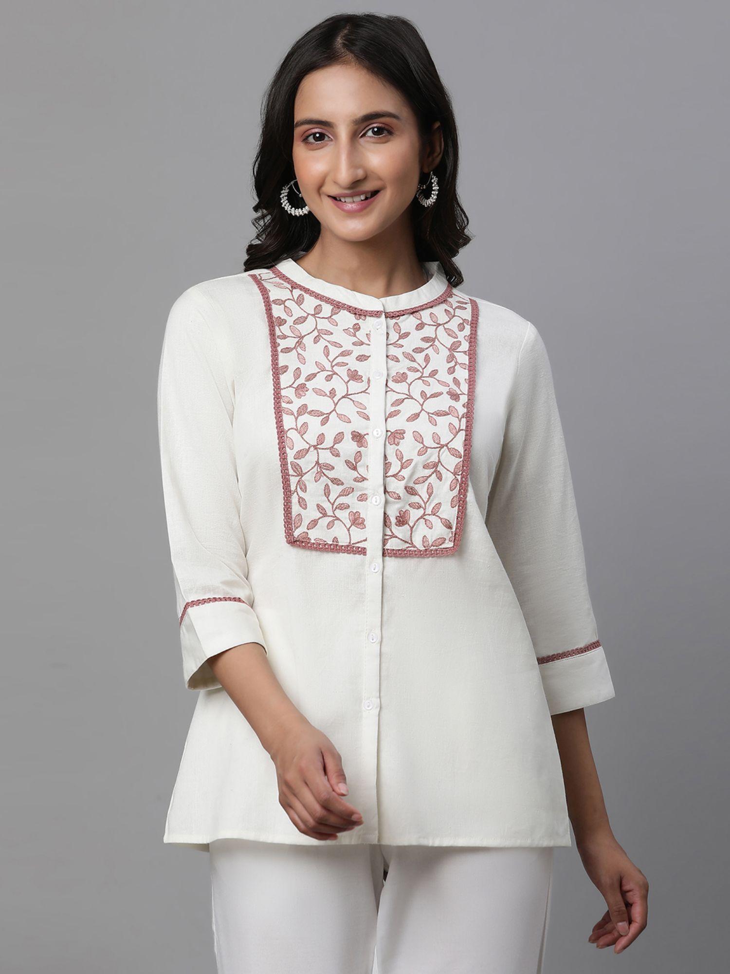 women white embroidered three fourth sleeves mandarin neck kurti