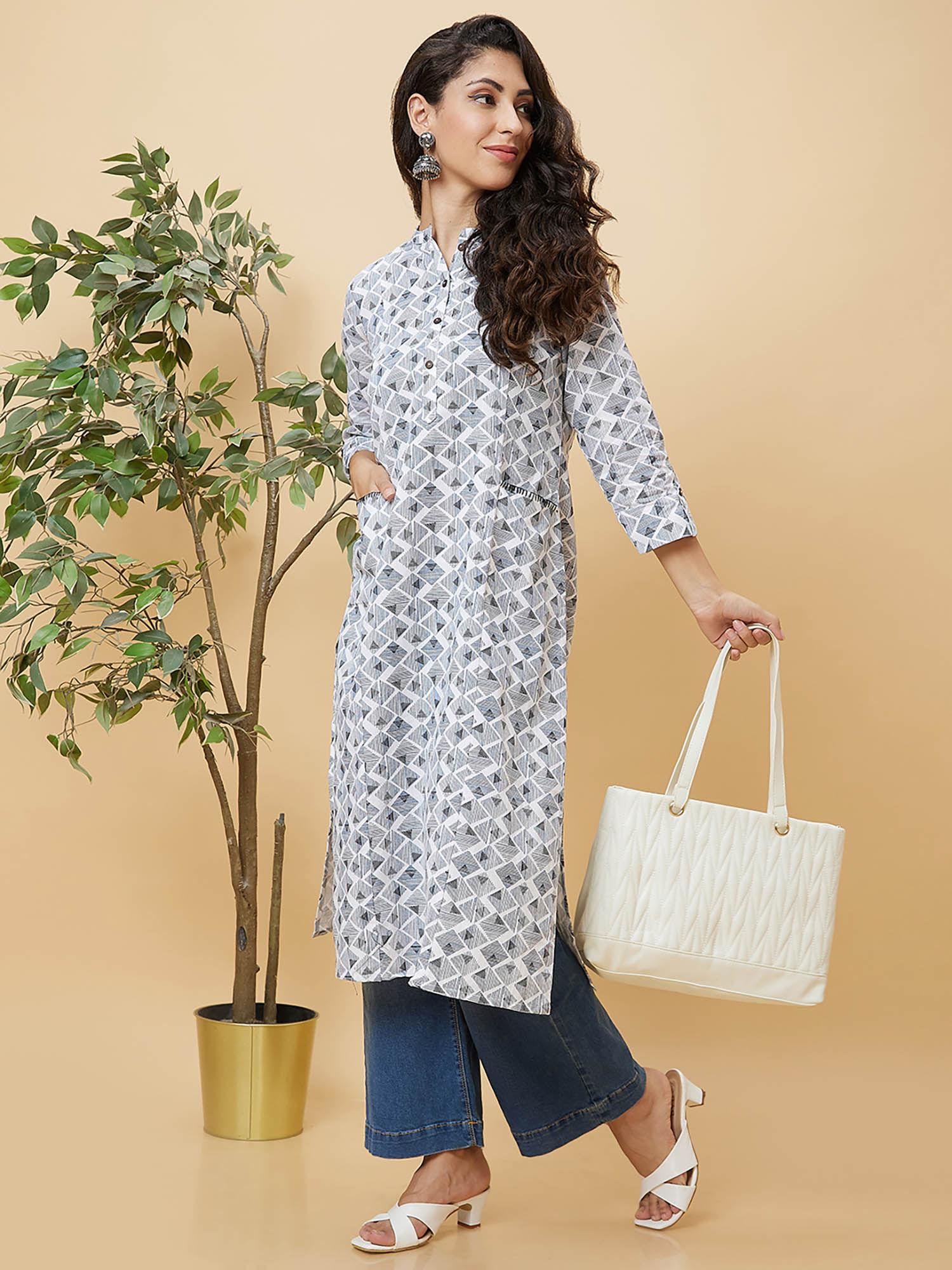 women white ethnic motifs print panelled casual straight kurta