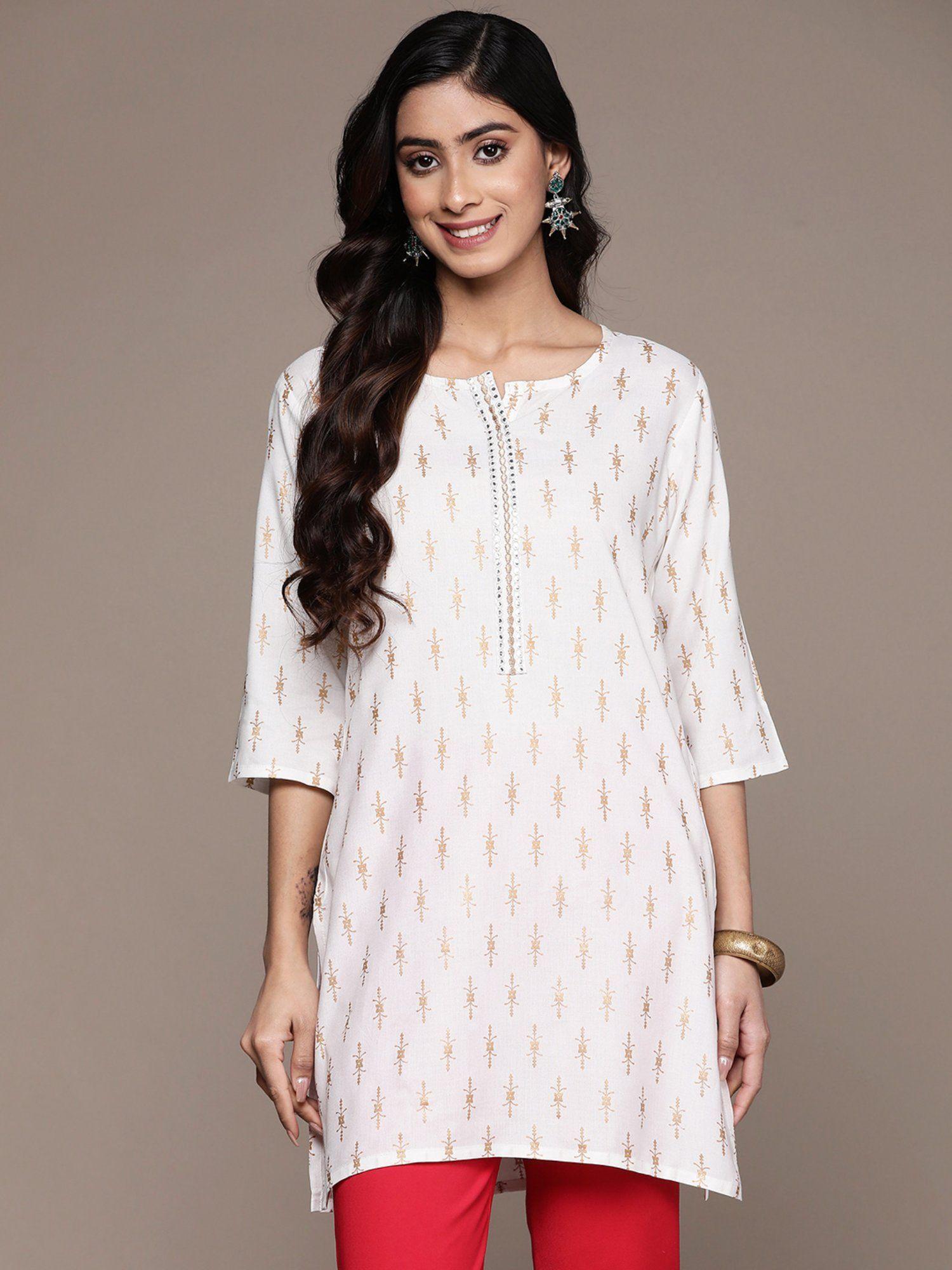 women white ethnic motifs printed mirror work straight kurti