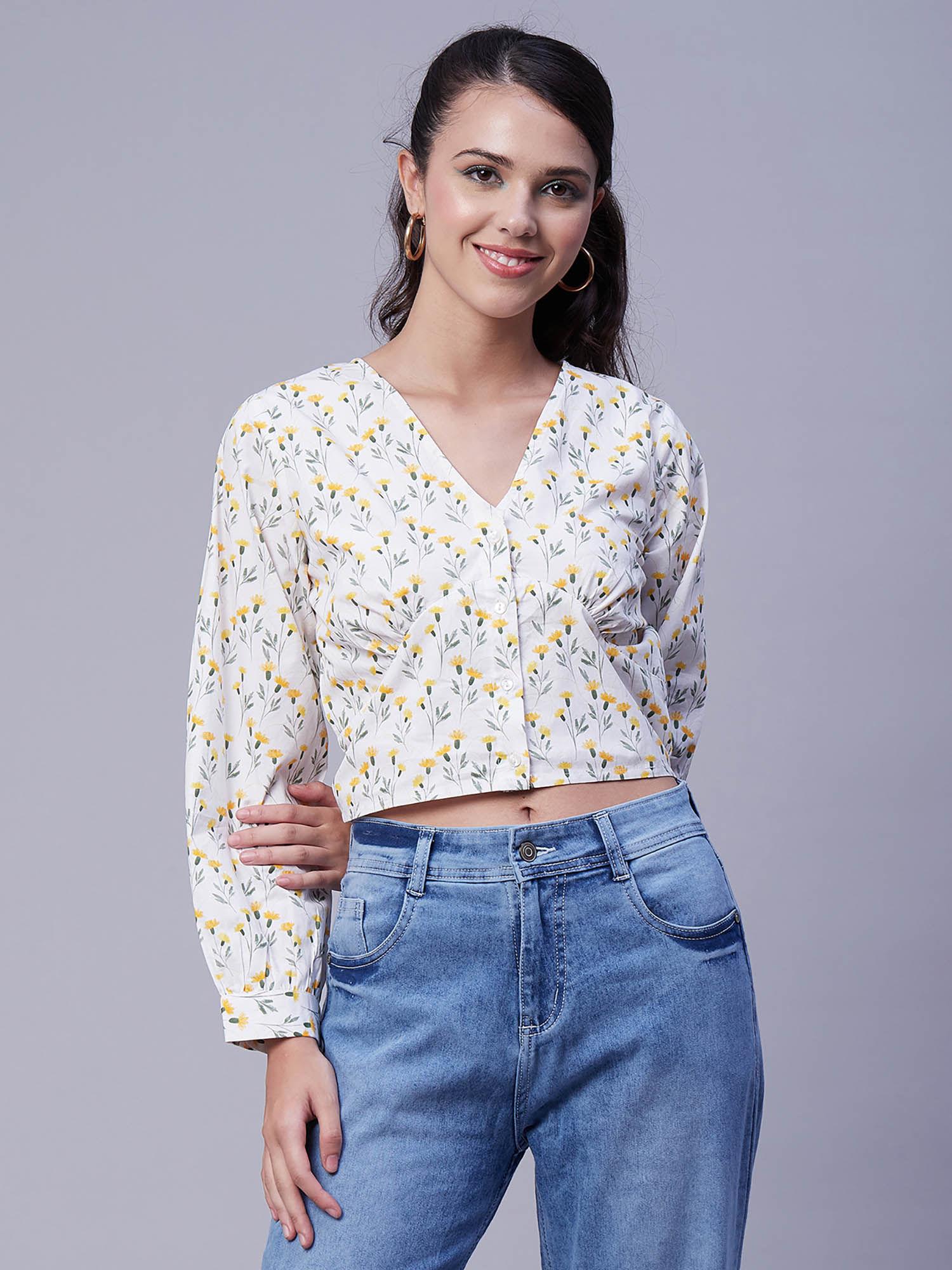 women white floral full sleeves crop top