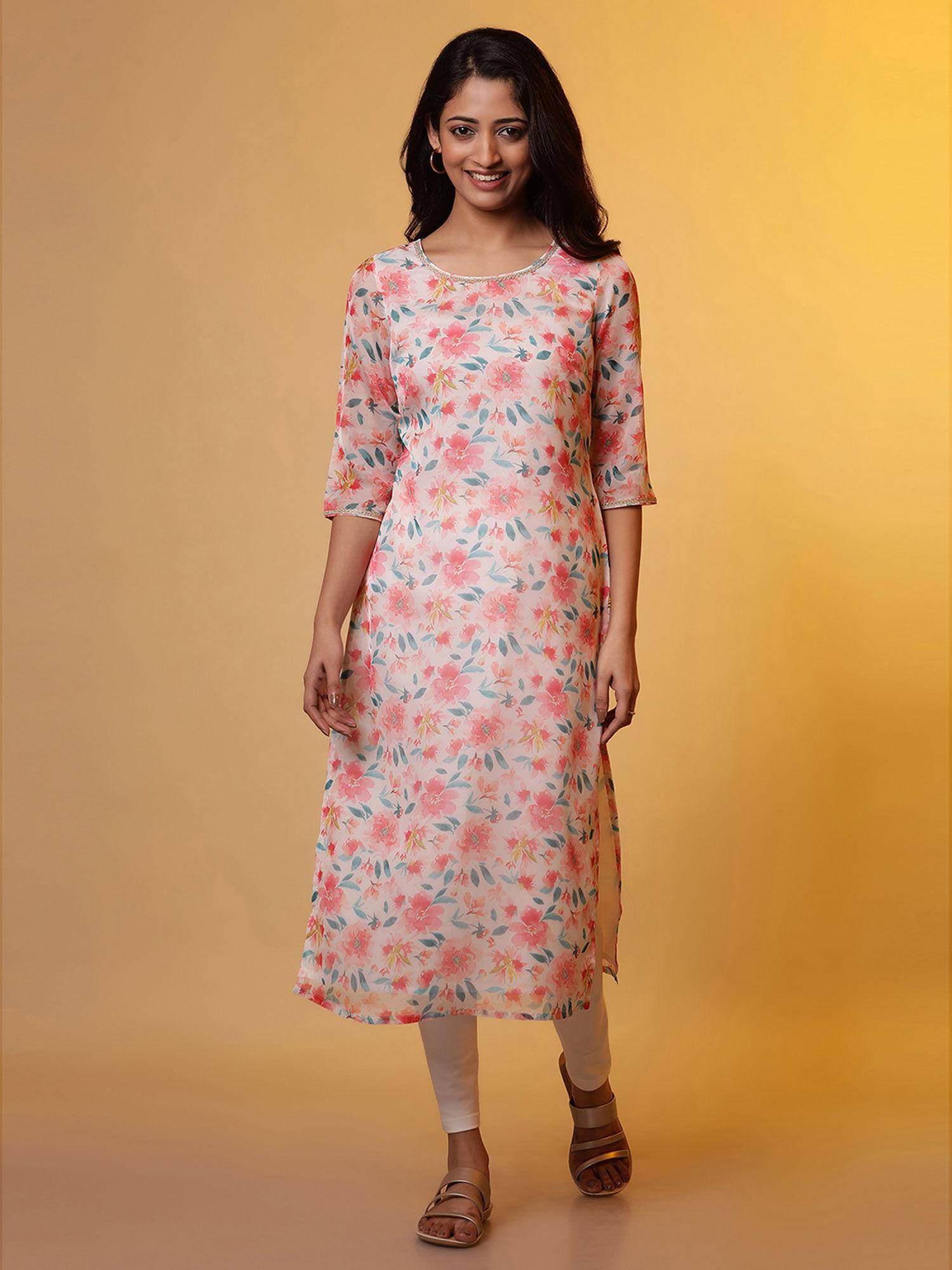 women white floral polyester kurta