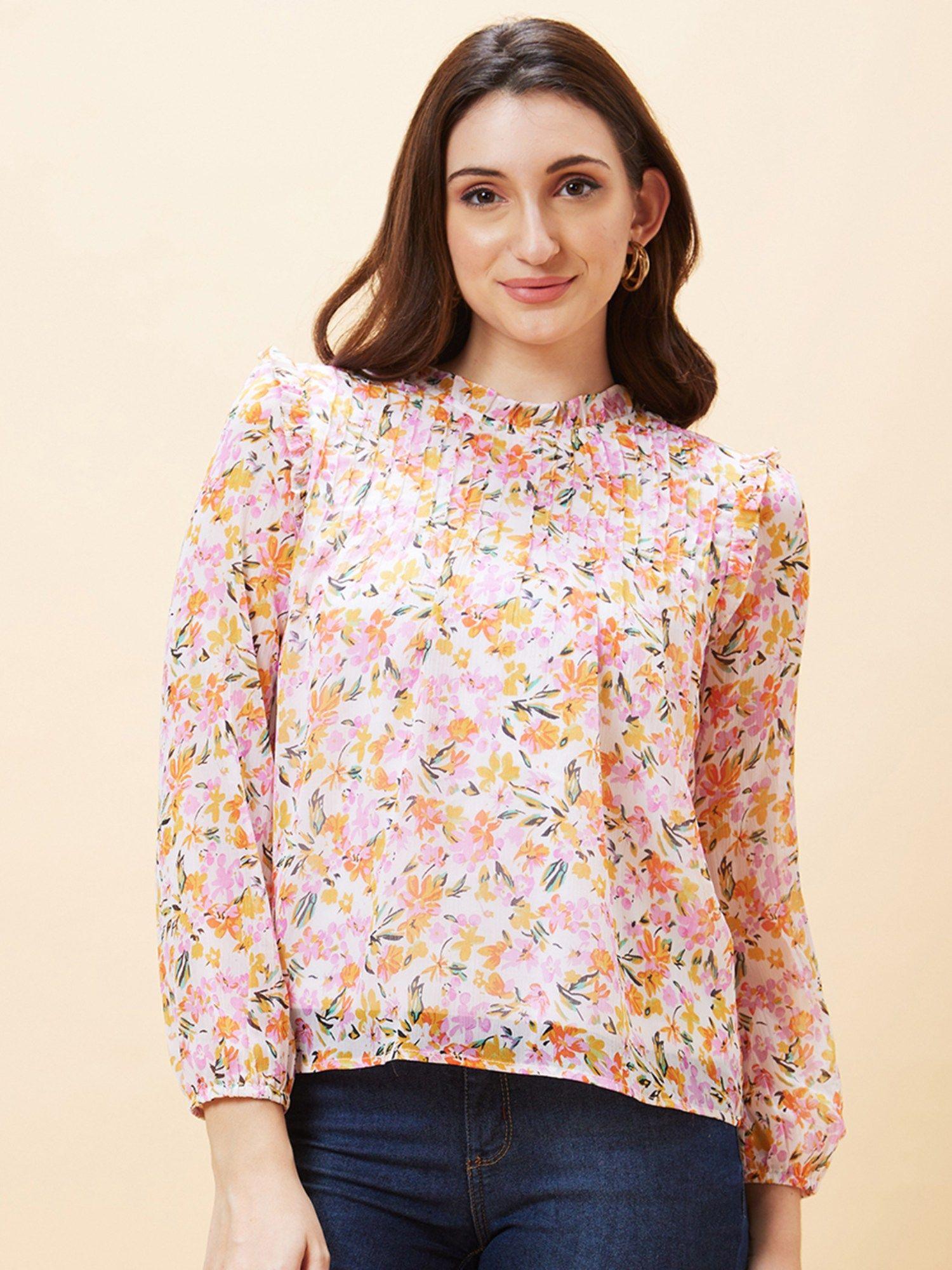 women white floral print high neck pleated top