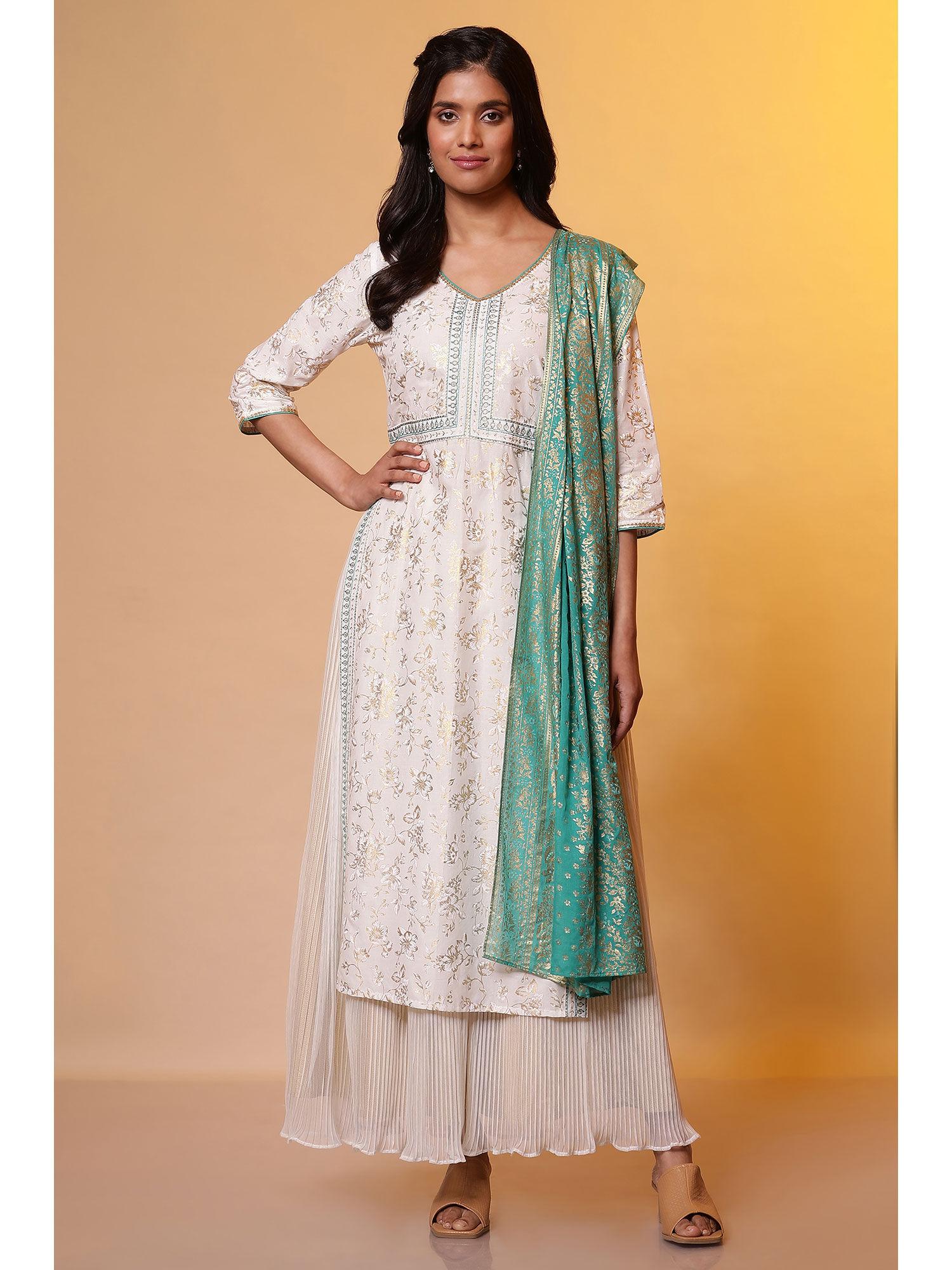 women white floral print rayon kurti with skirt & dupatta (set of 3)