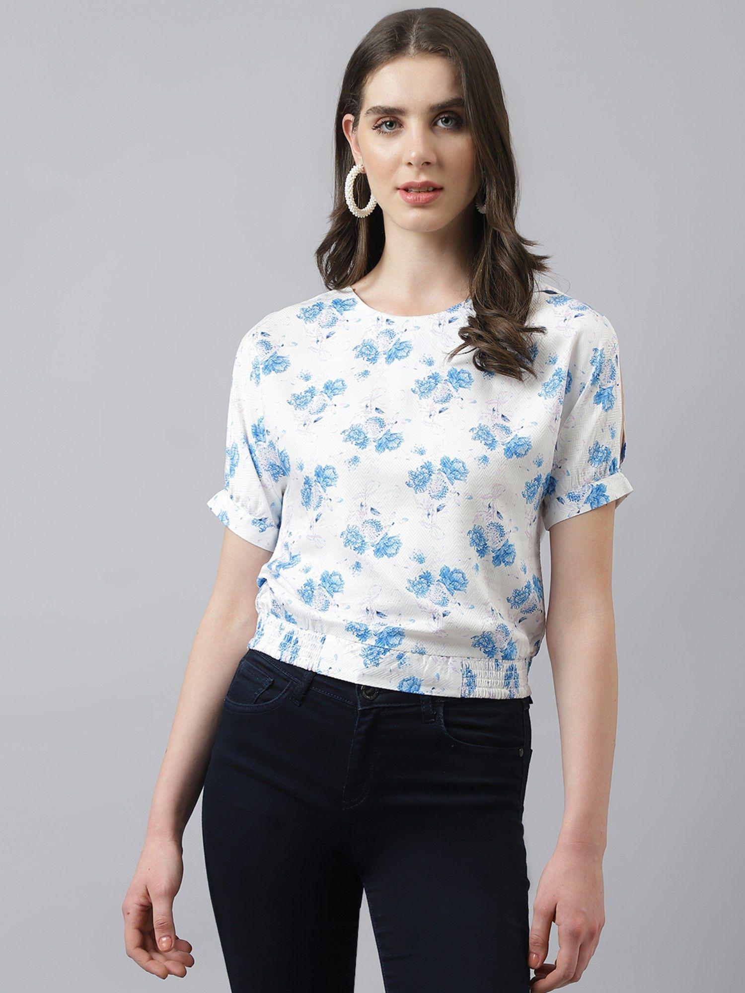 women white floral print top with short sleeves