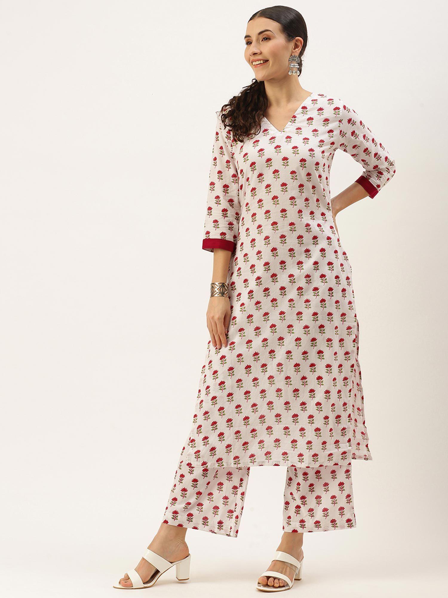 women white floral printed regular pure cotton kurta with palazzos (set of 2)