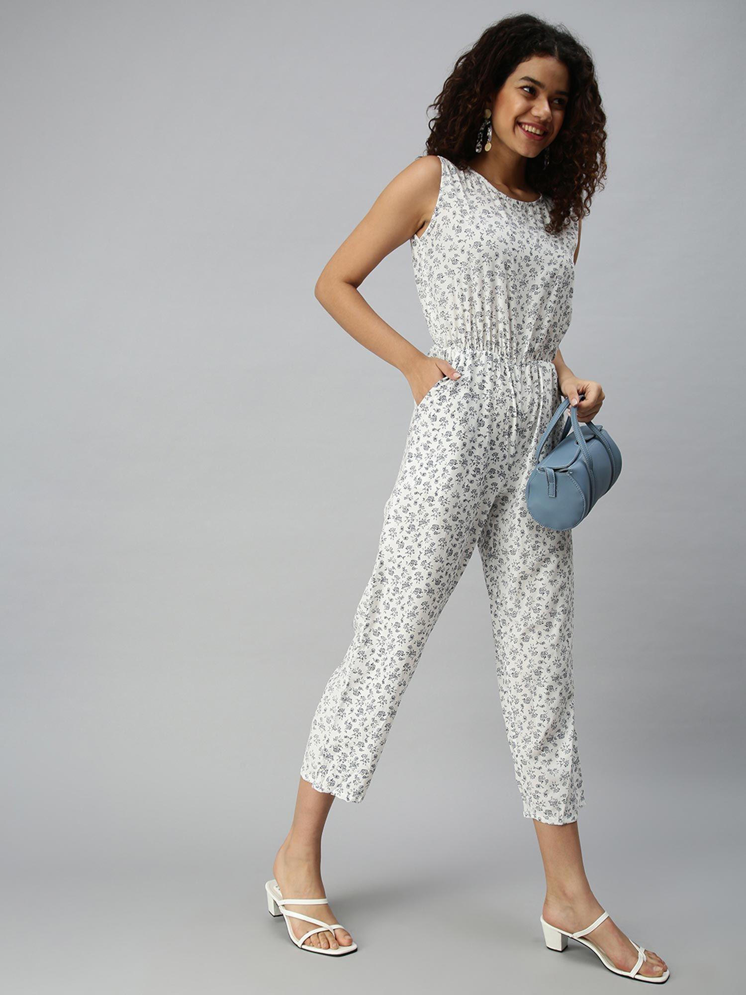 women white floral round neck sleeveless jumpsuit