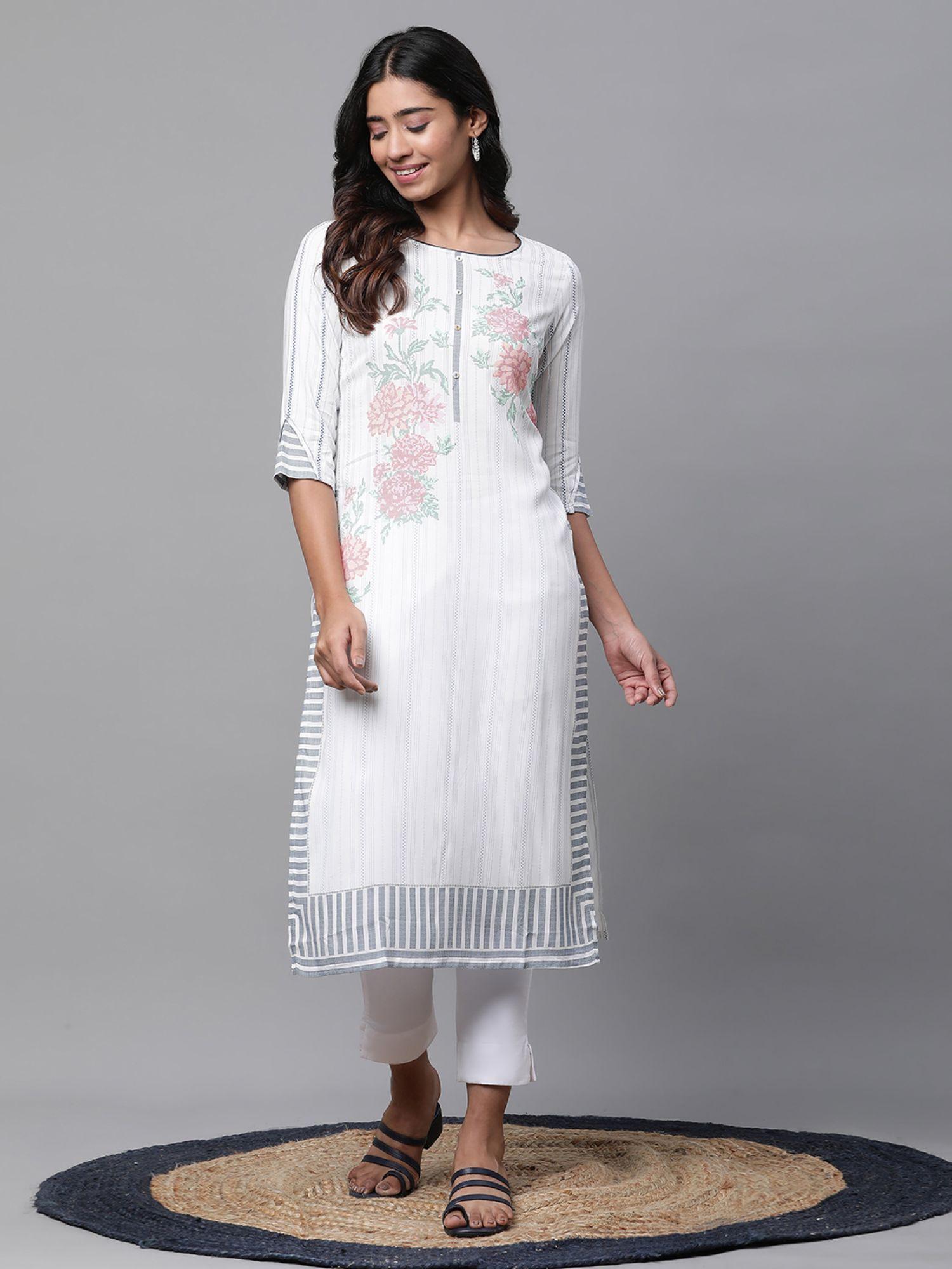 women white floral three fourth sleeves round neck kurta