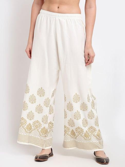 women white gold foil print flared palazzo with fully elasticated waistband and drawstrings at the side along slip on closure.
