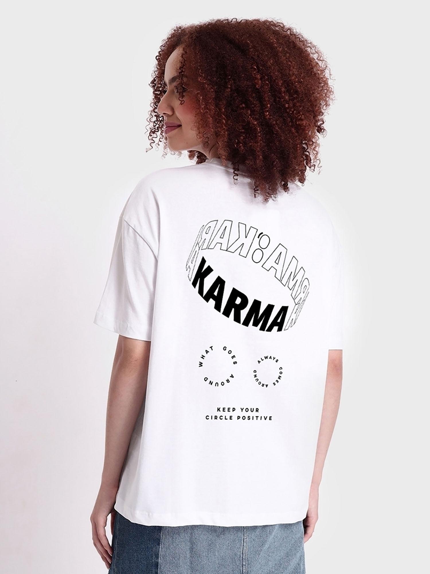 women white karma circles graphic printed oversized t-shirt