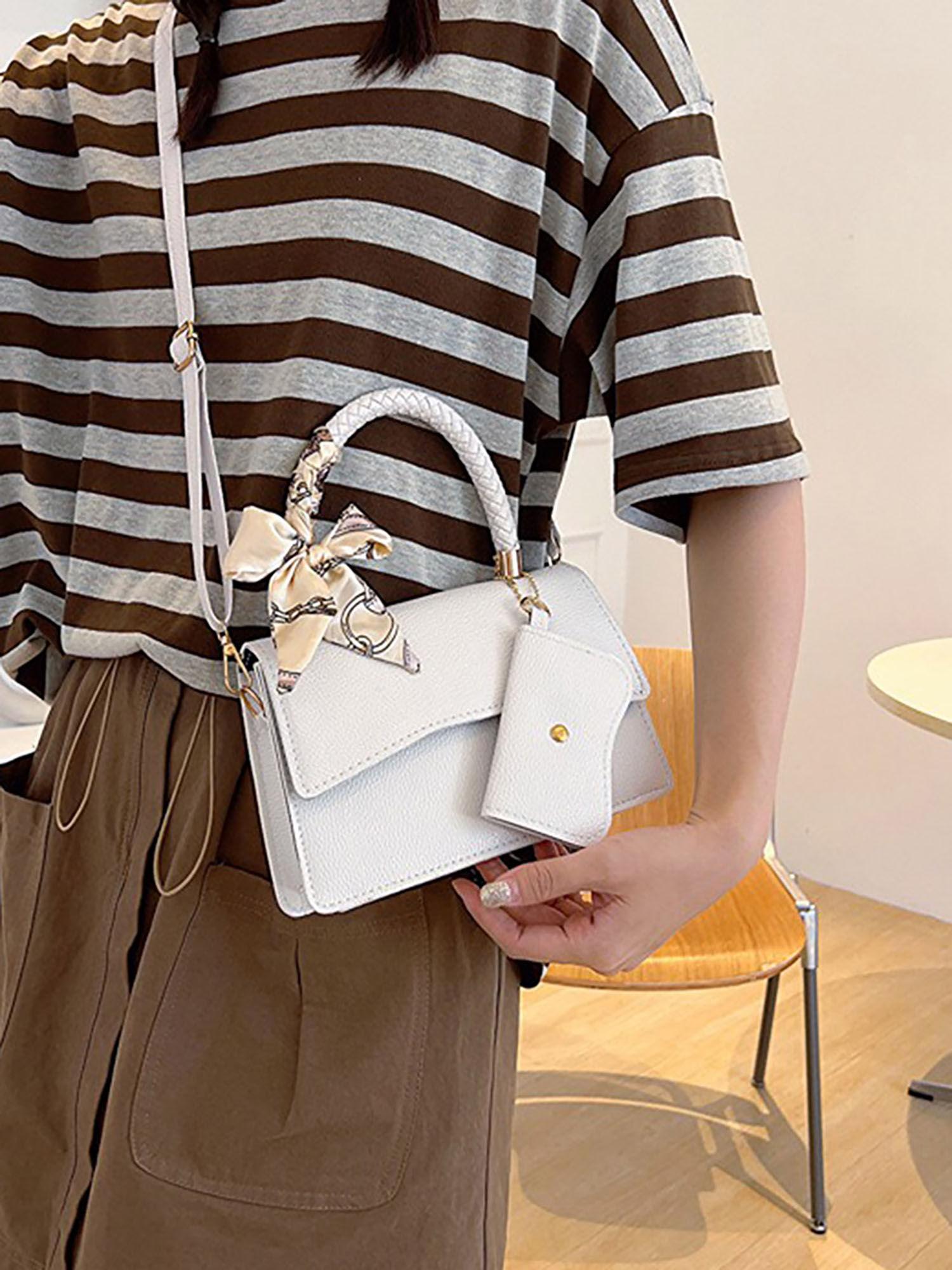 women white metallic ribbon design sling bag with detachable strap & pouch (set of 3)