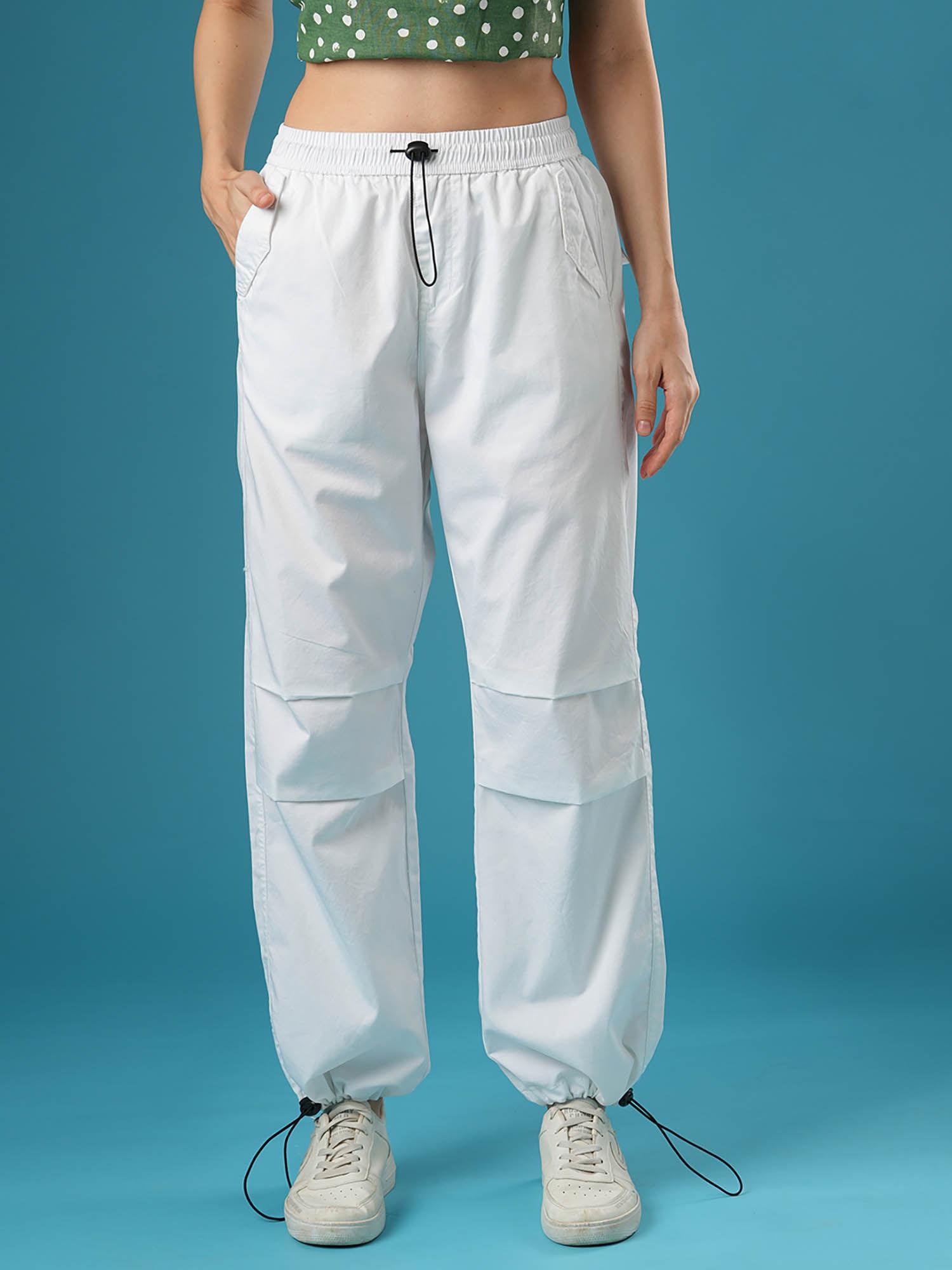 women white mid-rise relaxed fit drawstring waist toggles hem cargo pant