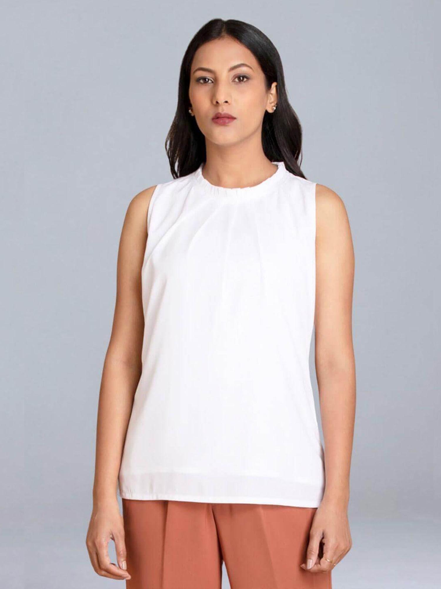 women white pleated neck sleeveless top