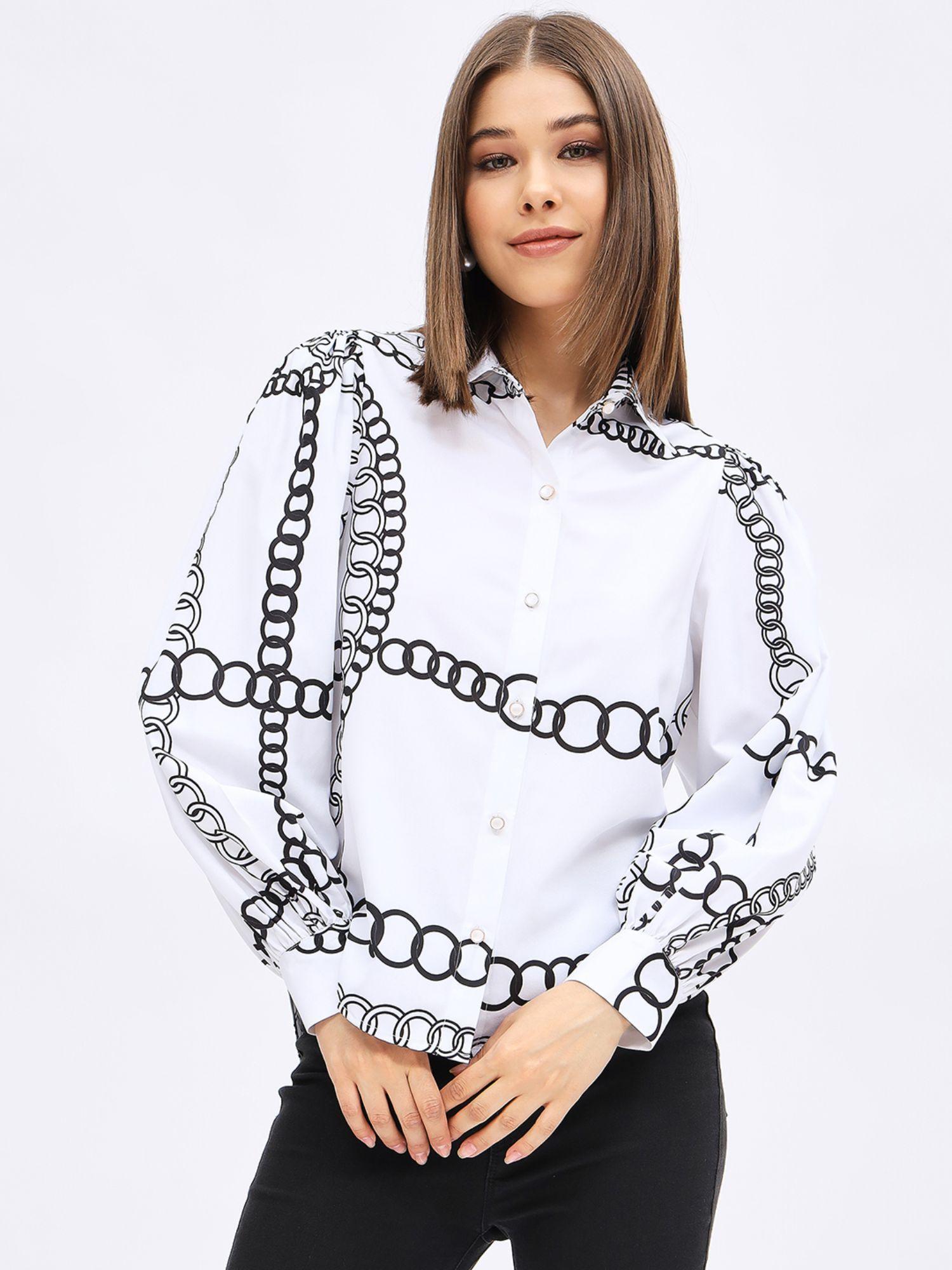 women white printed collar neck full sleeves shirt