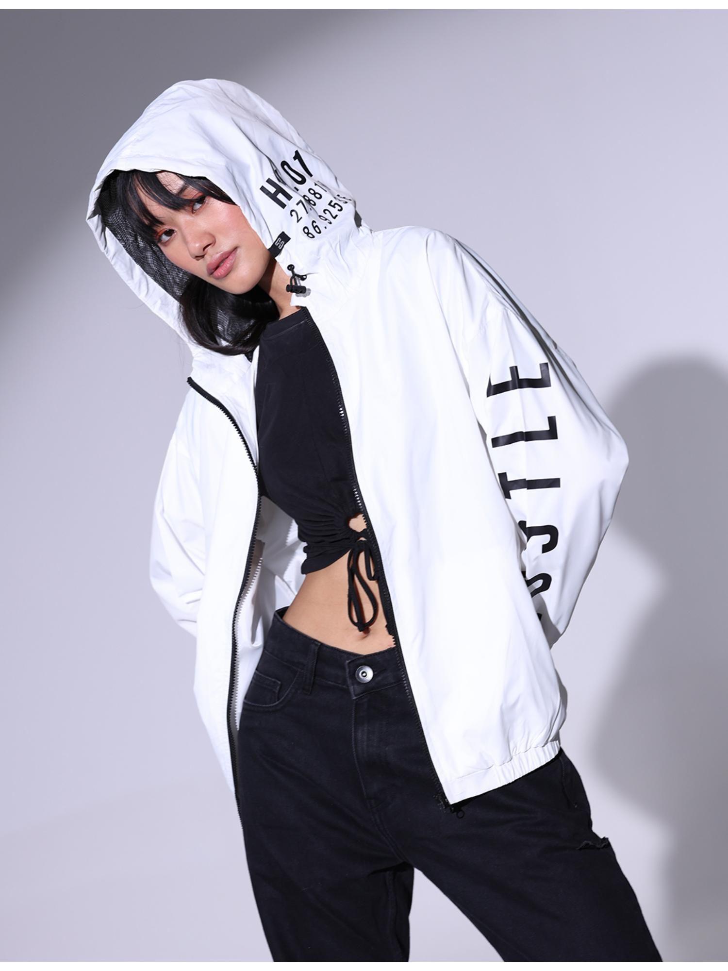 women white printed oversized zipper front windcheater jacket