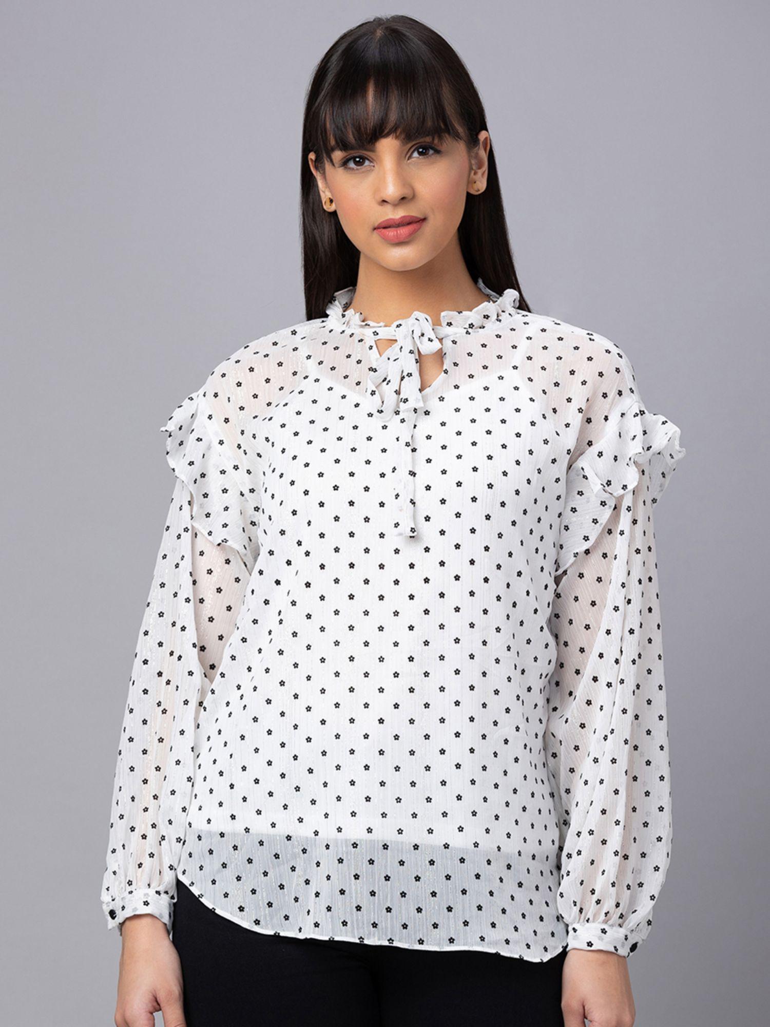 women white printed tie-up neck top