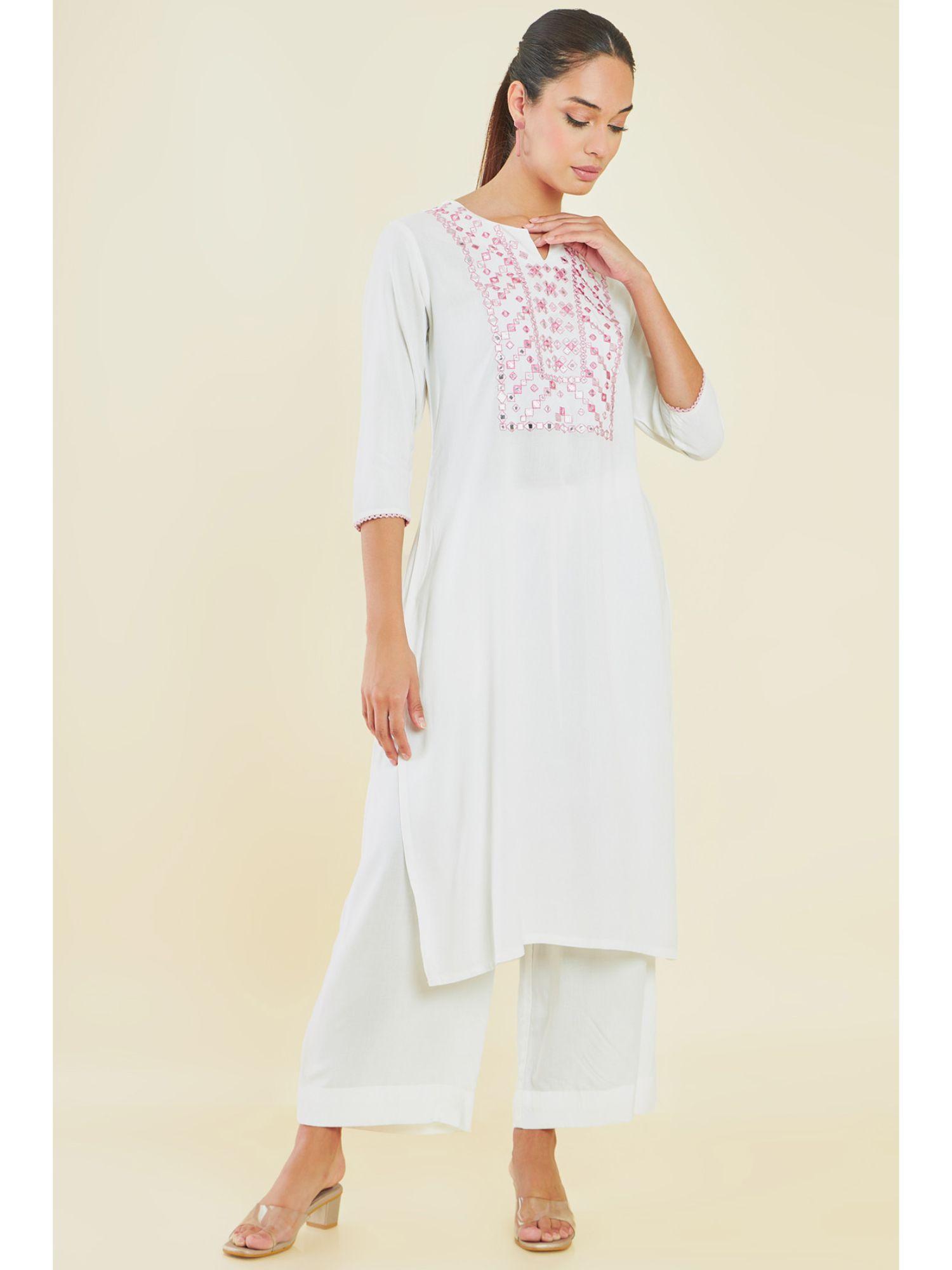 women white rayon embroidered kurta