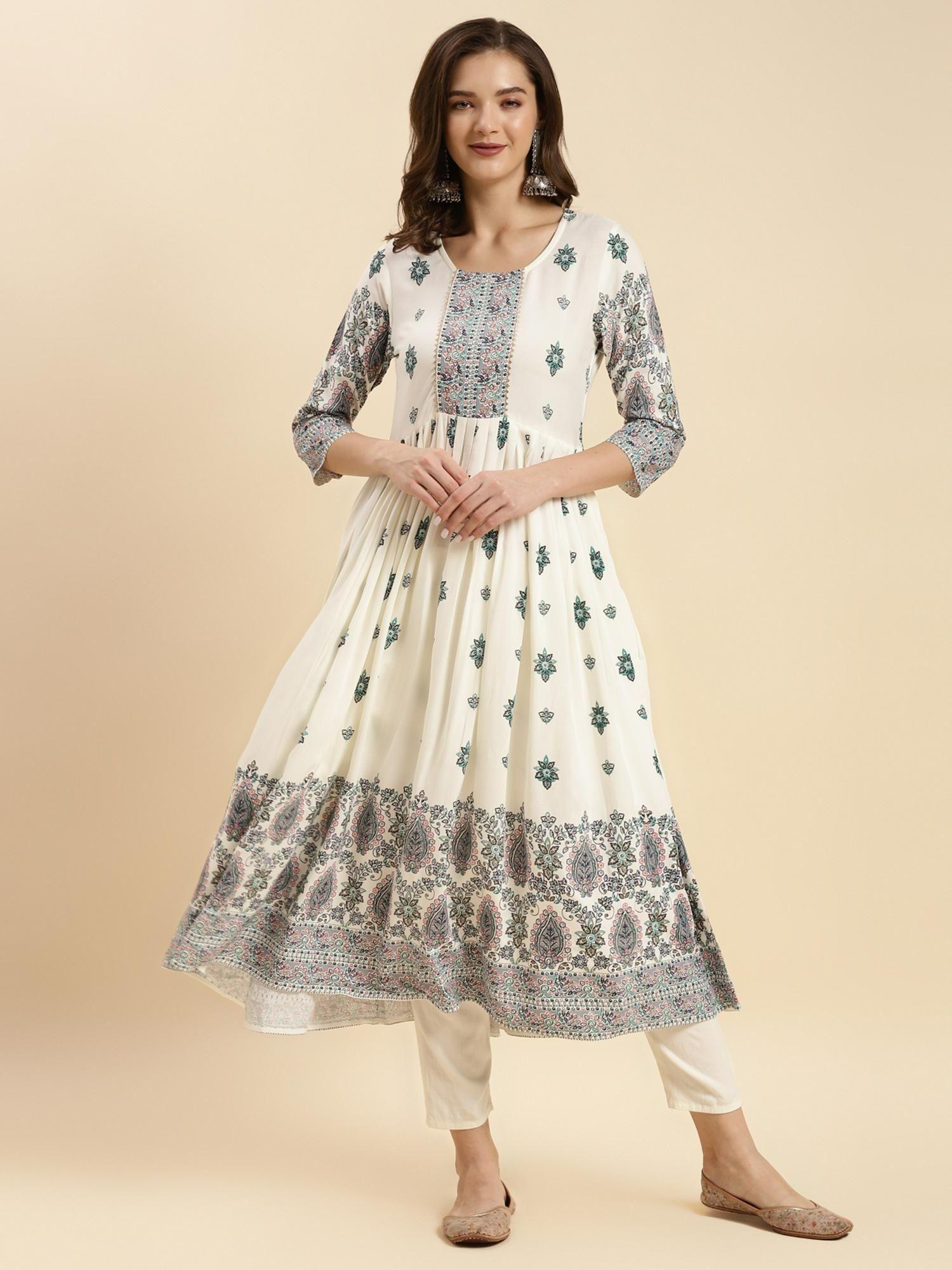 women white rayon printed calf length flared kurta