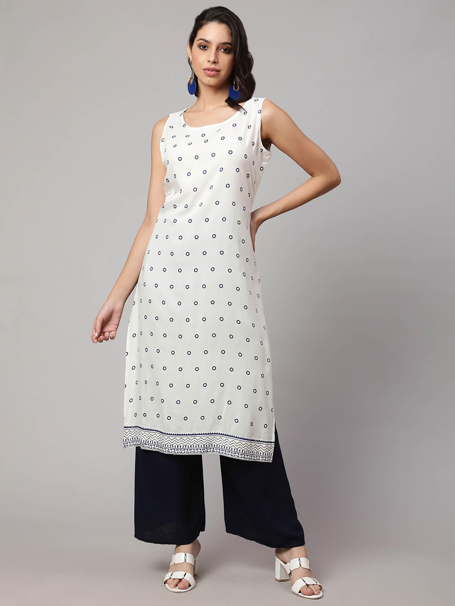 women white rayon printed calf length straight kurta