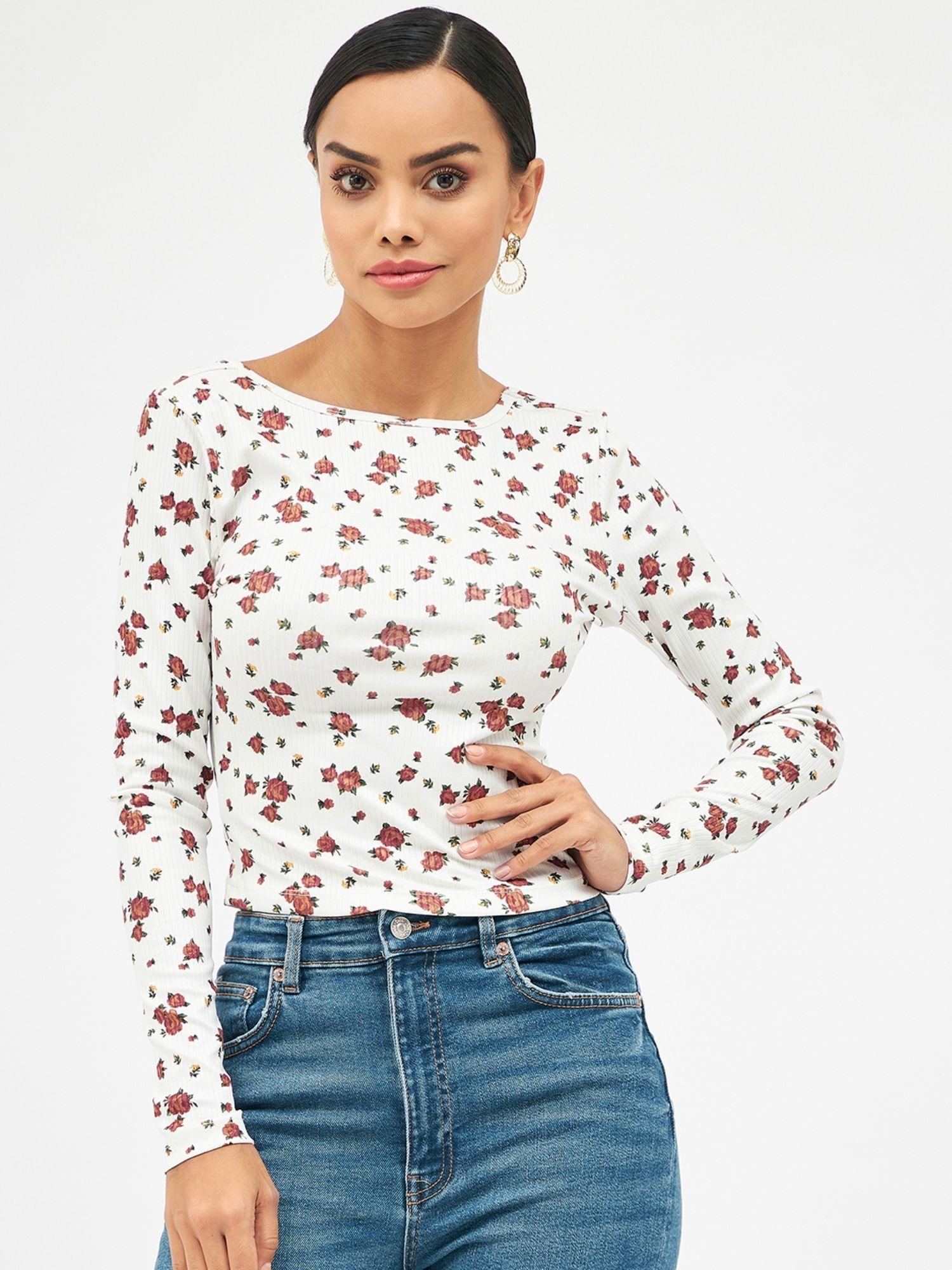 women white regular fit floral printed boat neck full sleeves top