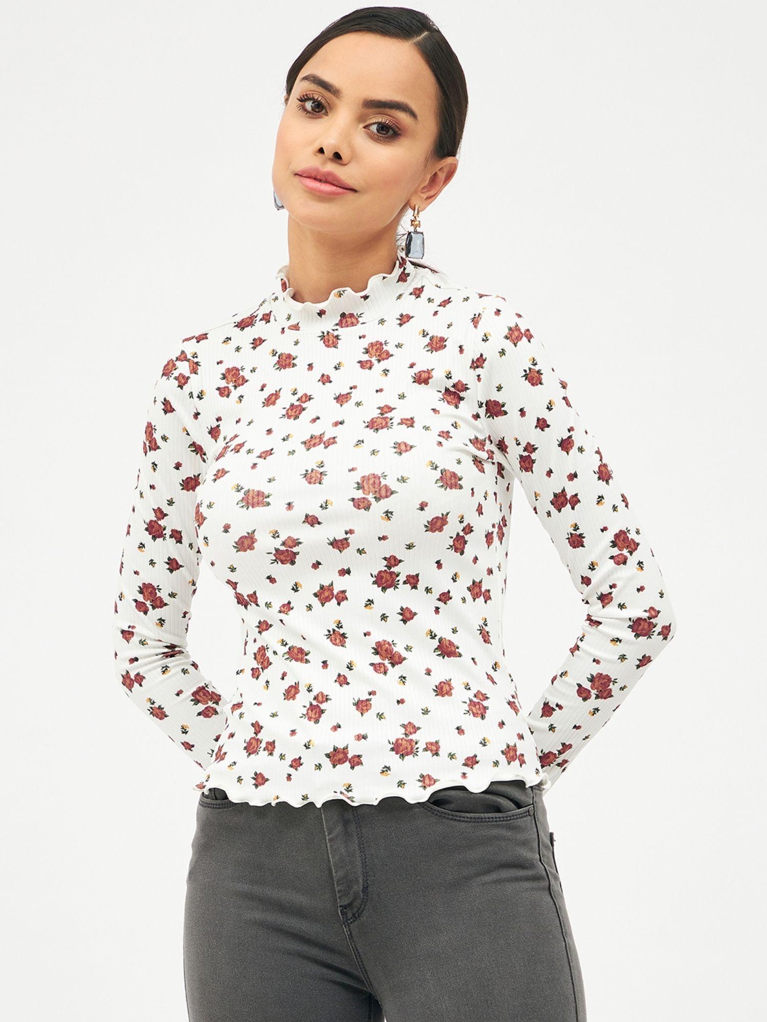 women white regular fit floral printed ruffled neck full sleeves top