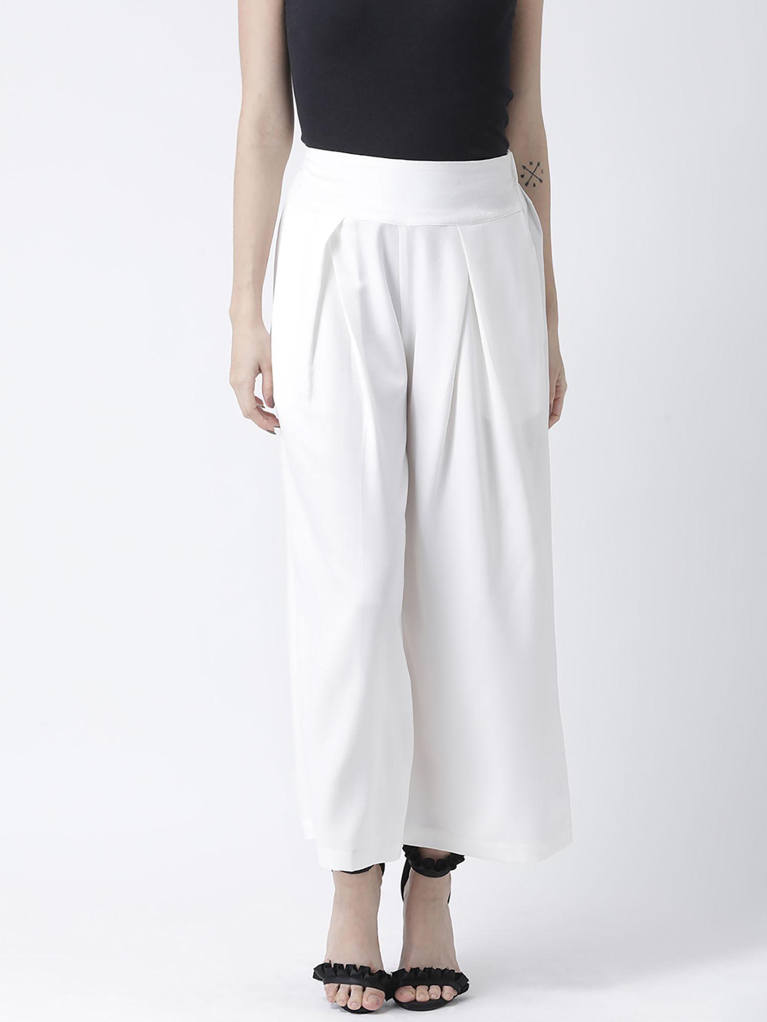 women white regular fit solid flared mid waist pant