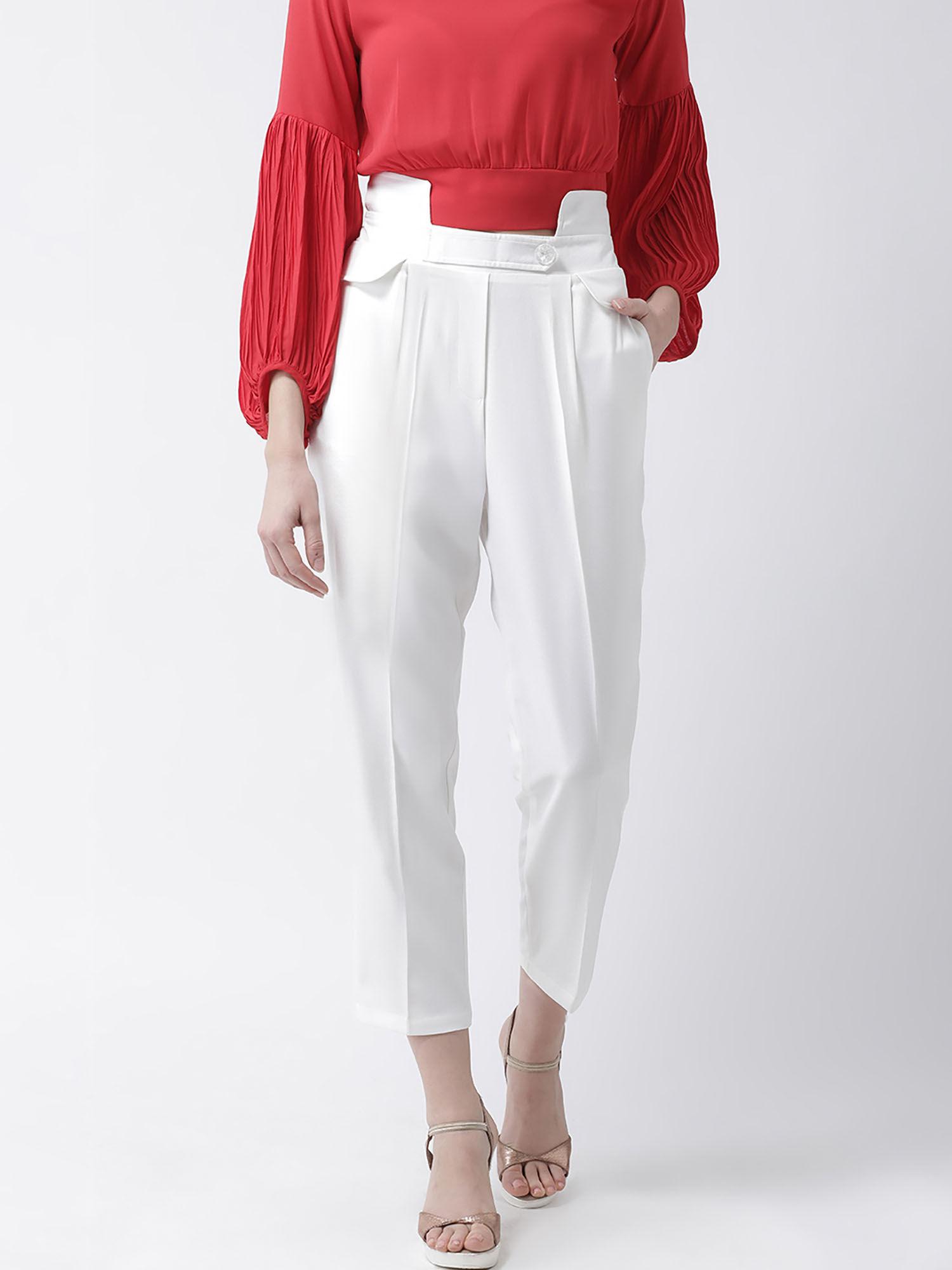 women white regular fit solid straight mid waist pant
