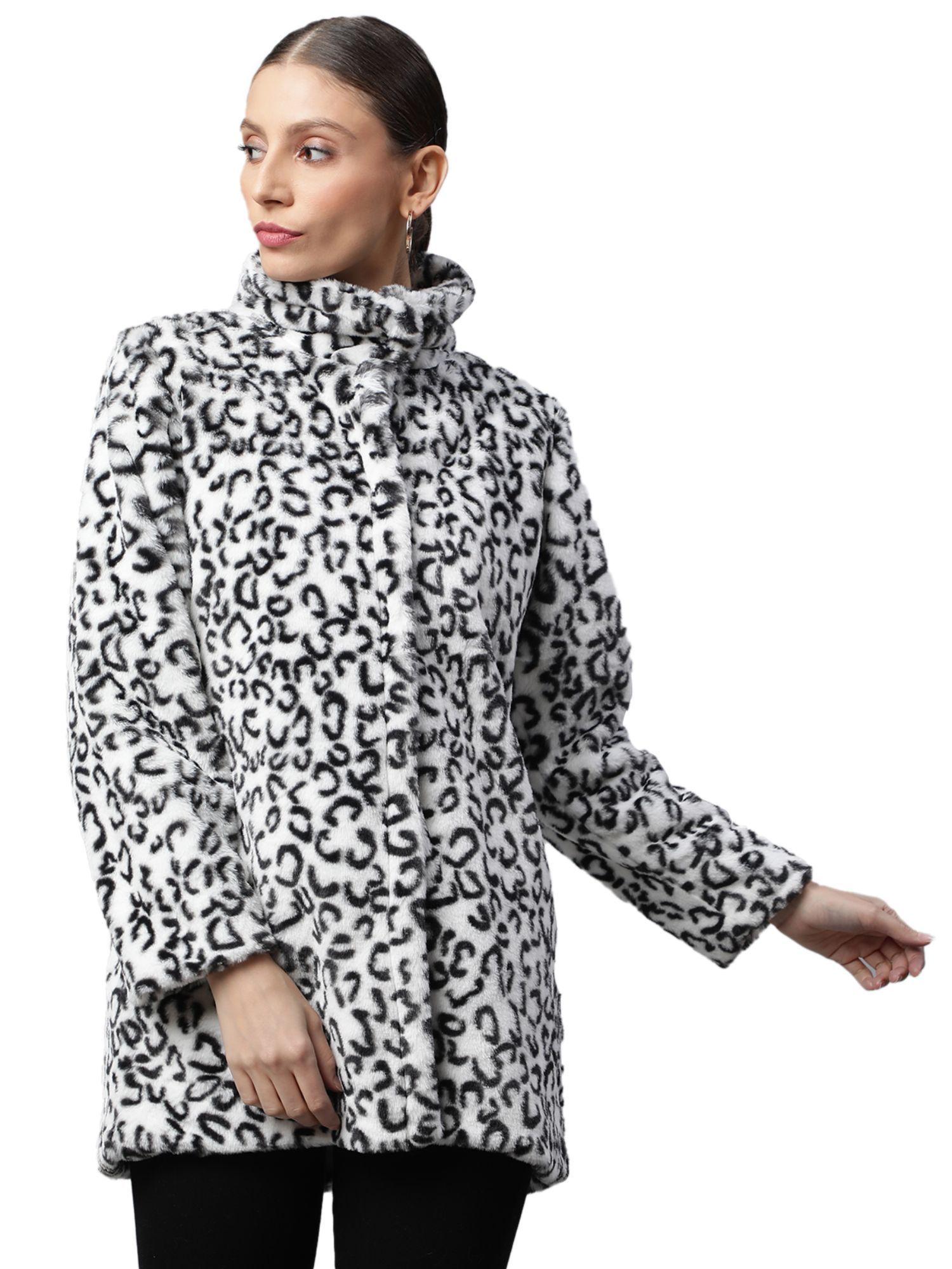 women white relaxed fit furry snow leopard print coat