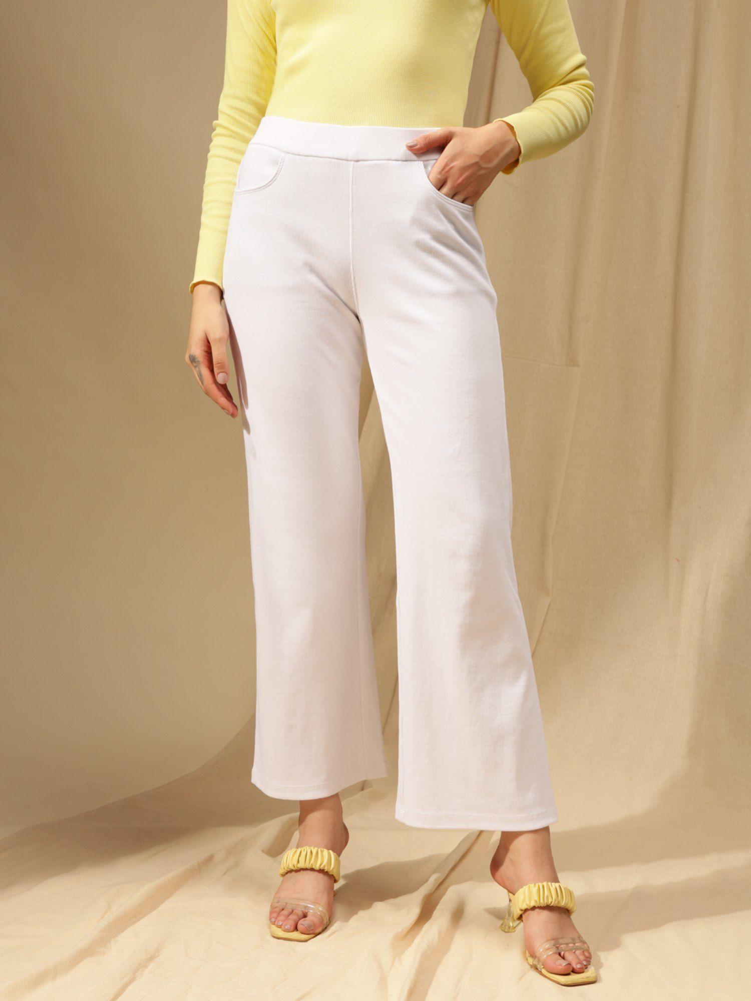 women white ribbed wide leg high-rise trousers