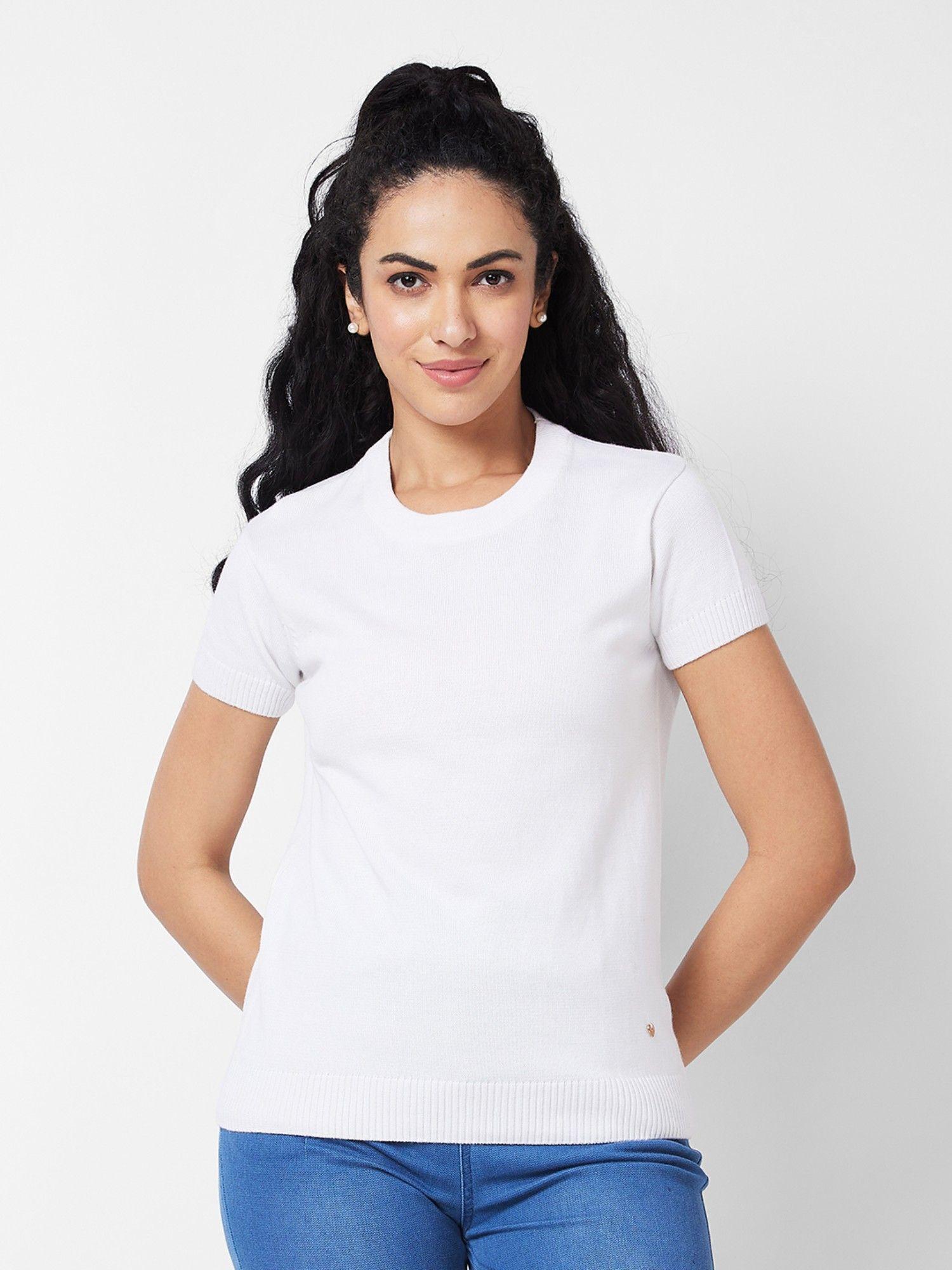 women white round neck flat knit t-shirt