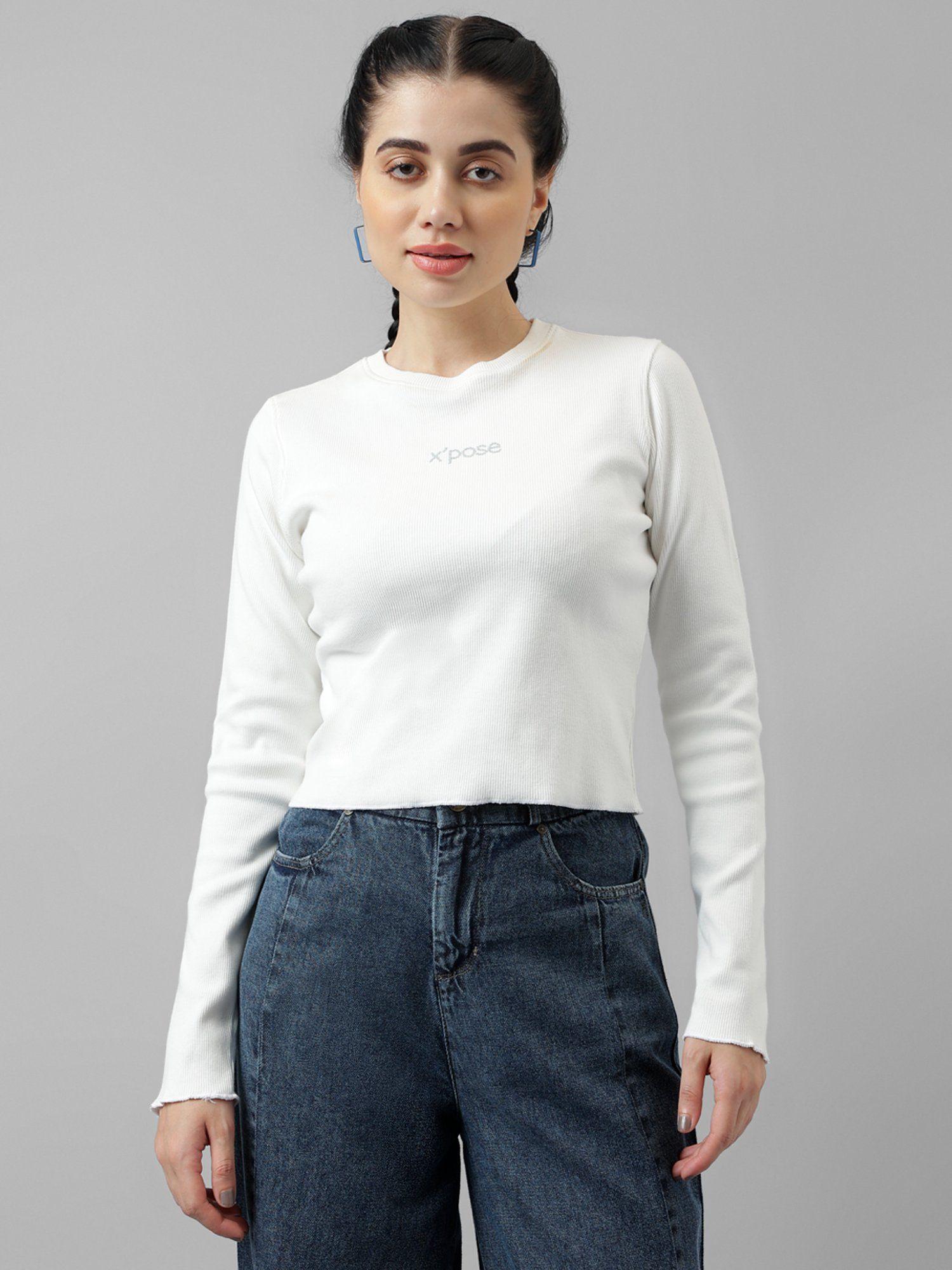 women white round neck ribbed fitted top