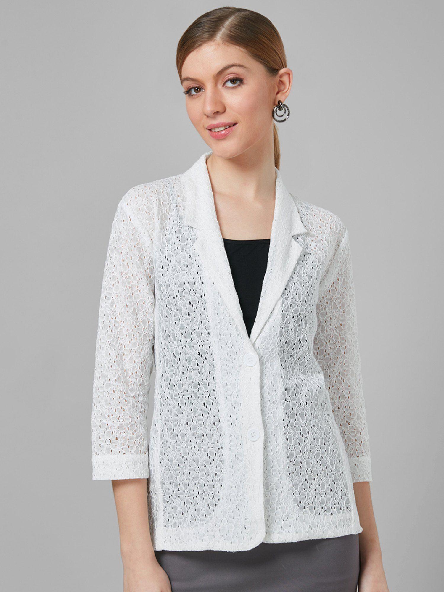 women white self design floral lace tailored smart casual jacket