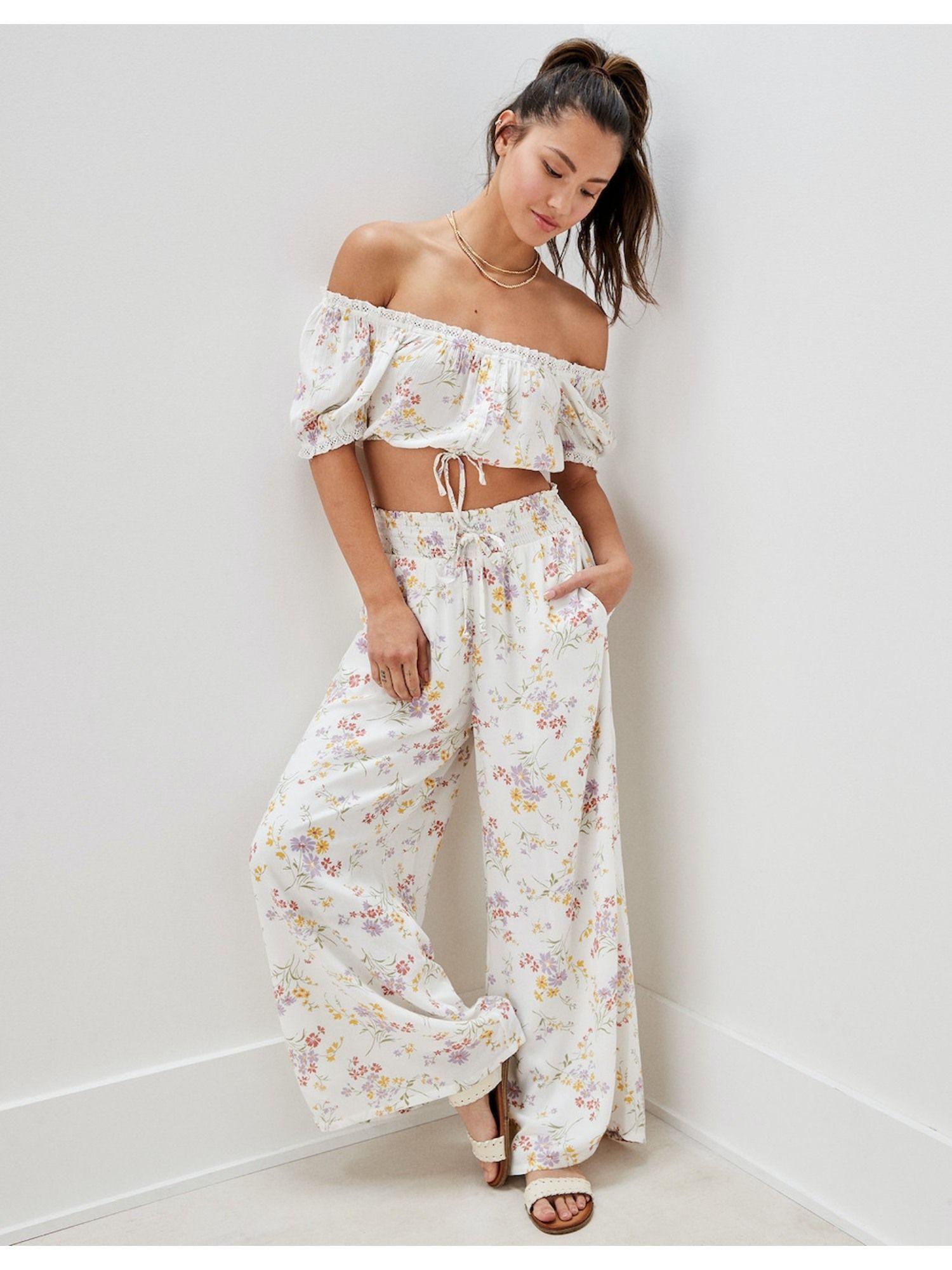 women white smocked wide leg pant