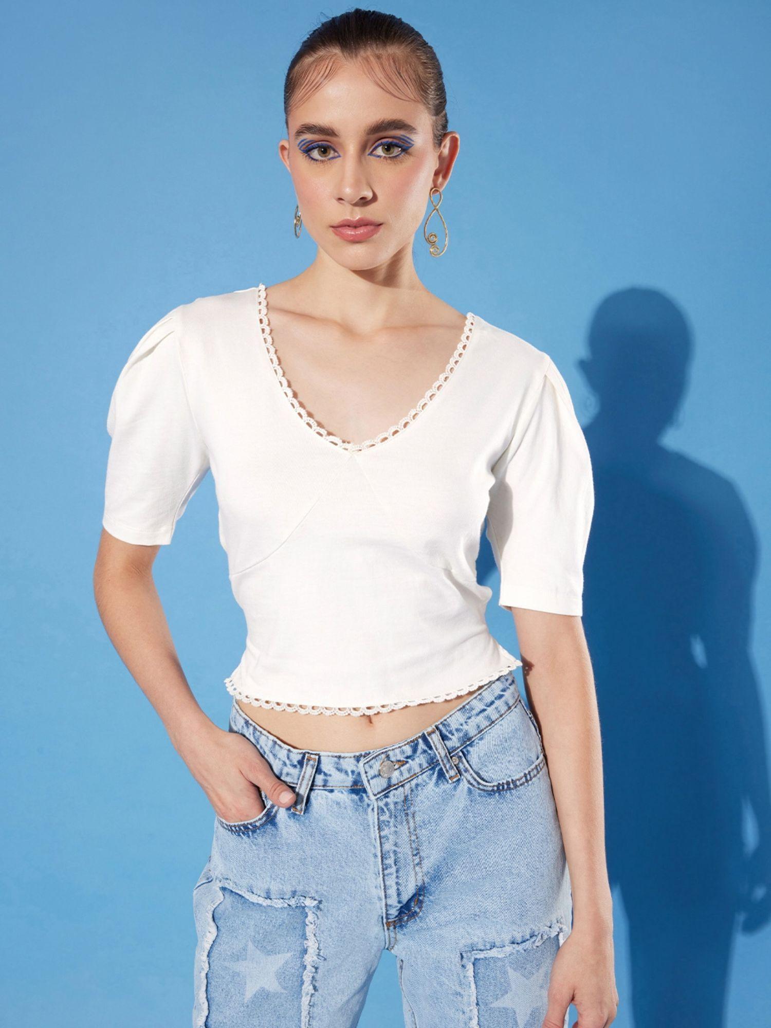 women white solid cotton styled back crop top